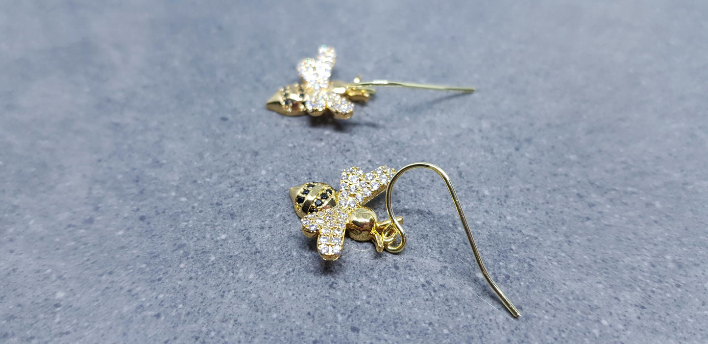 Bee Earrings, Hypoallergenic Ear Wires, Bumble Bee Earrings, Gold Earrings, Bee Lovers Earrings, Cubic Zirconia Earrings