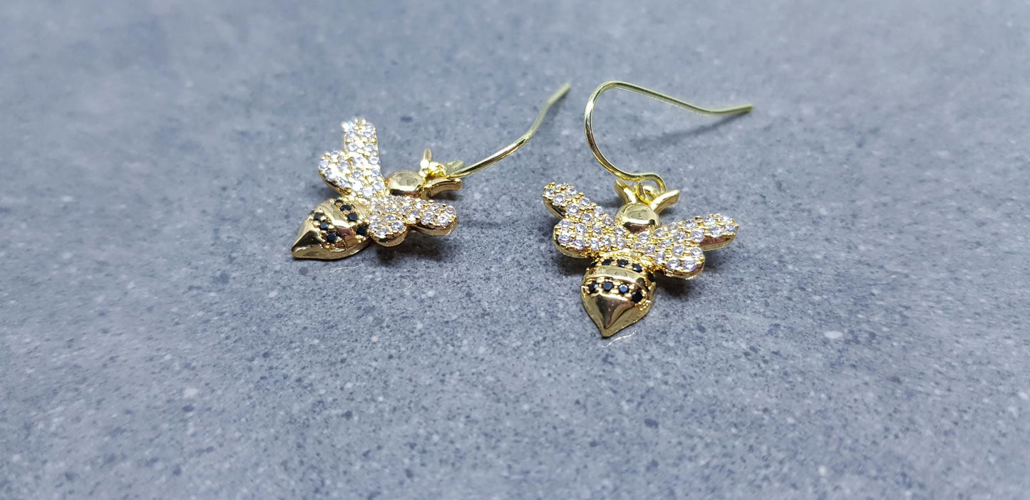 Bee Earrings, Hypoallergenic Ear Wires, Bumble Bee Earrings, Gold Earrings, Bee Lovers Earrings, Cubic Zirconia Earrings
