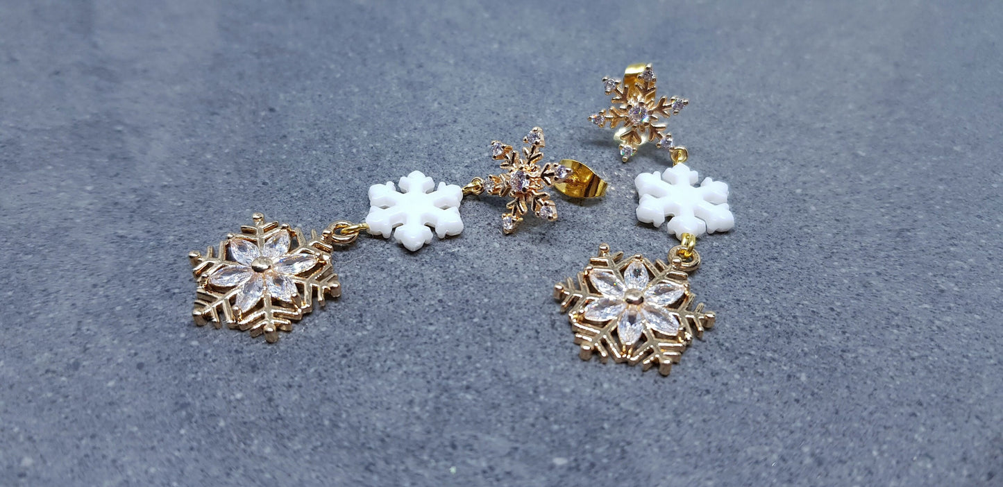 Gold Snowflake Earrings, Brass Micro Pave Cubic Zirconia, White Acrylic Snowflake, Christmas Earrings, Festive Earrings, Sparkly Gifts