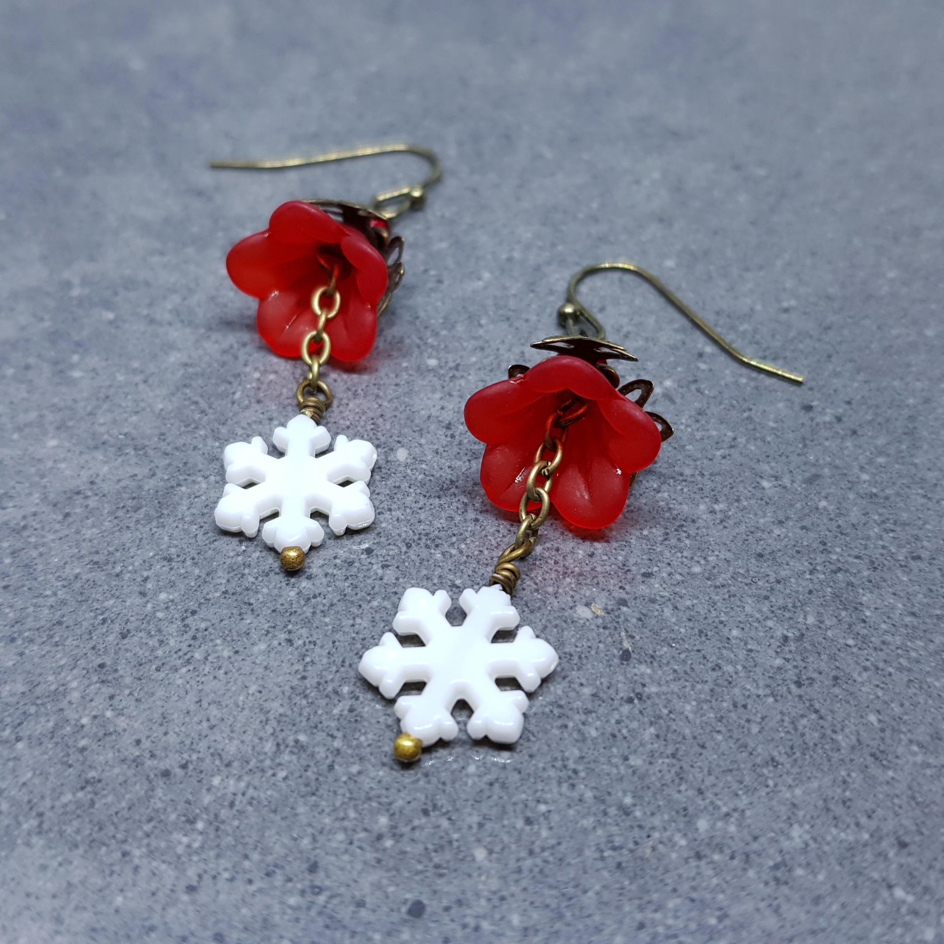 Red Christmas Flower Earrings, Choice of Ear Wires, White Snowflake Earrings, Seasonal Earrings, Festive Jewellery, PRIMERO Crystals®