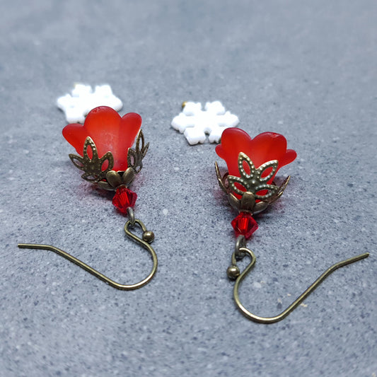 Red Christmas Flower Earrings, Choice of Ear Wires, White Snowflake Earrings, Seasonal Earrings, Festive Jewellery, PRIMERO Crystals®