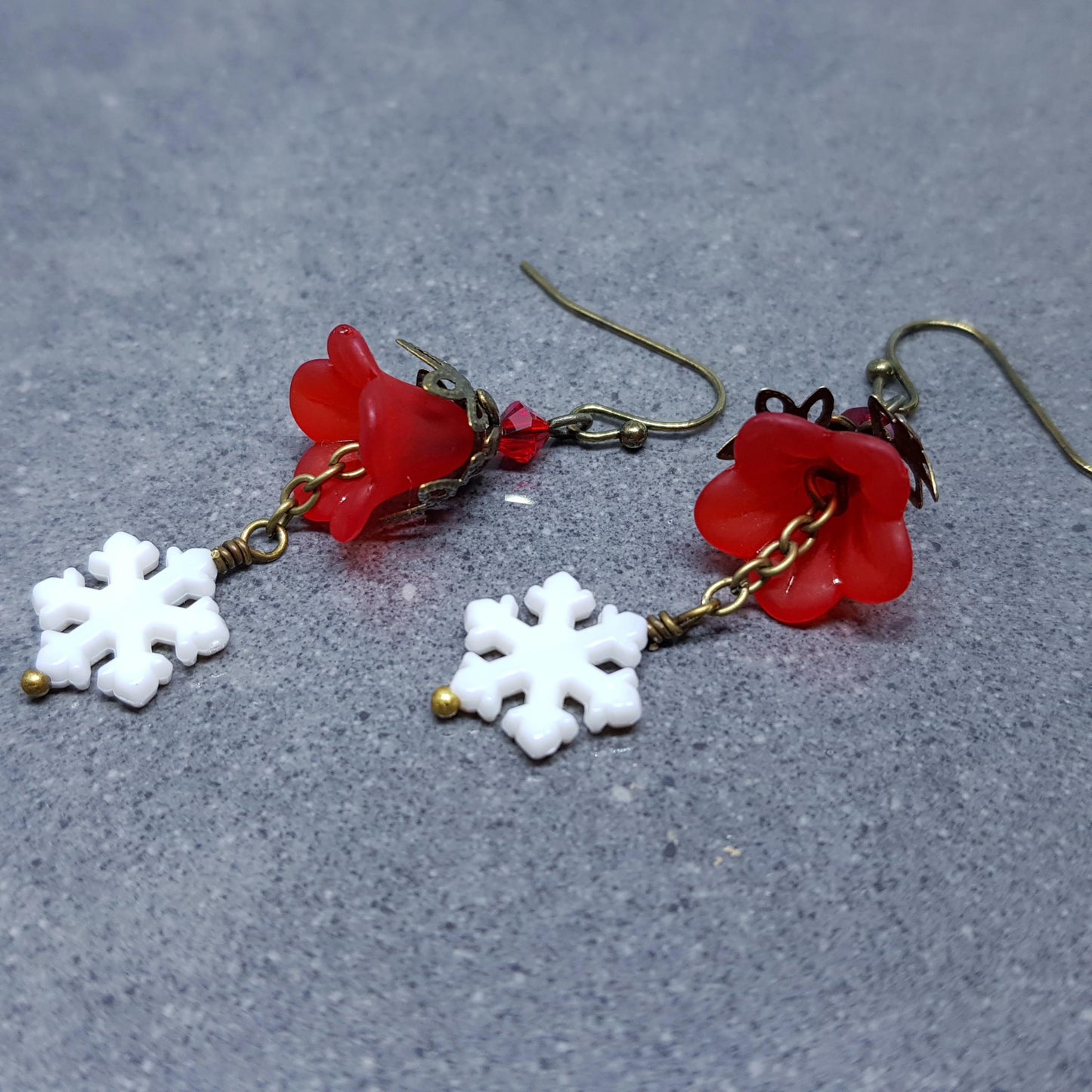 Red Christmas Flower Earrings, Choice of Ear Wires, White Snowflake Earrings, Seasonal Earrings, Festive Jewellery, PRIMERO Crystals®