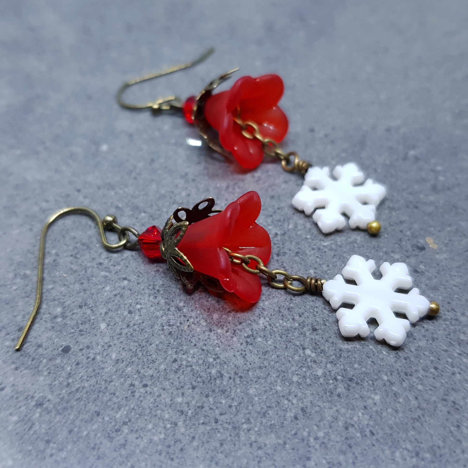 Red Christmas Flower Earrings, Choice of Ear Wires, White Snowflake Earrings, Seasonal Earrings, Festive Jewellery, PRIMERO Crystals®