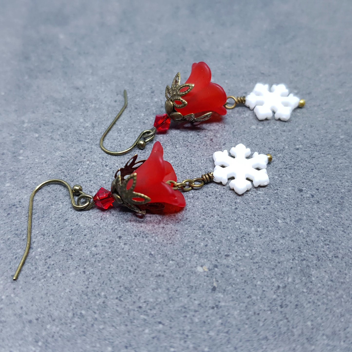 Red Christmas Flower Earrings, Choice of Ear Wires, White Snowflake Earrings, Seasonal Earrings, Festive Jewellery, PRIMERO Crystals®