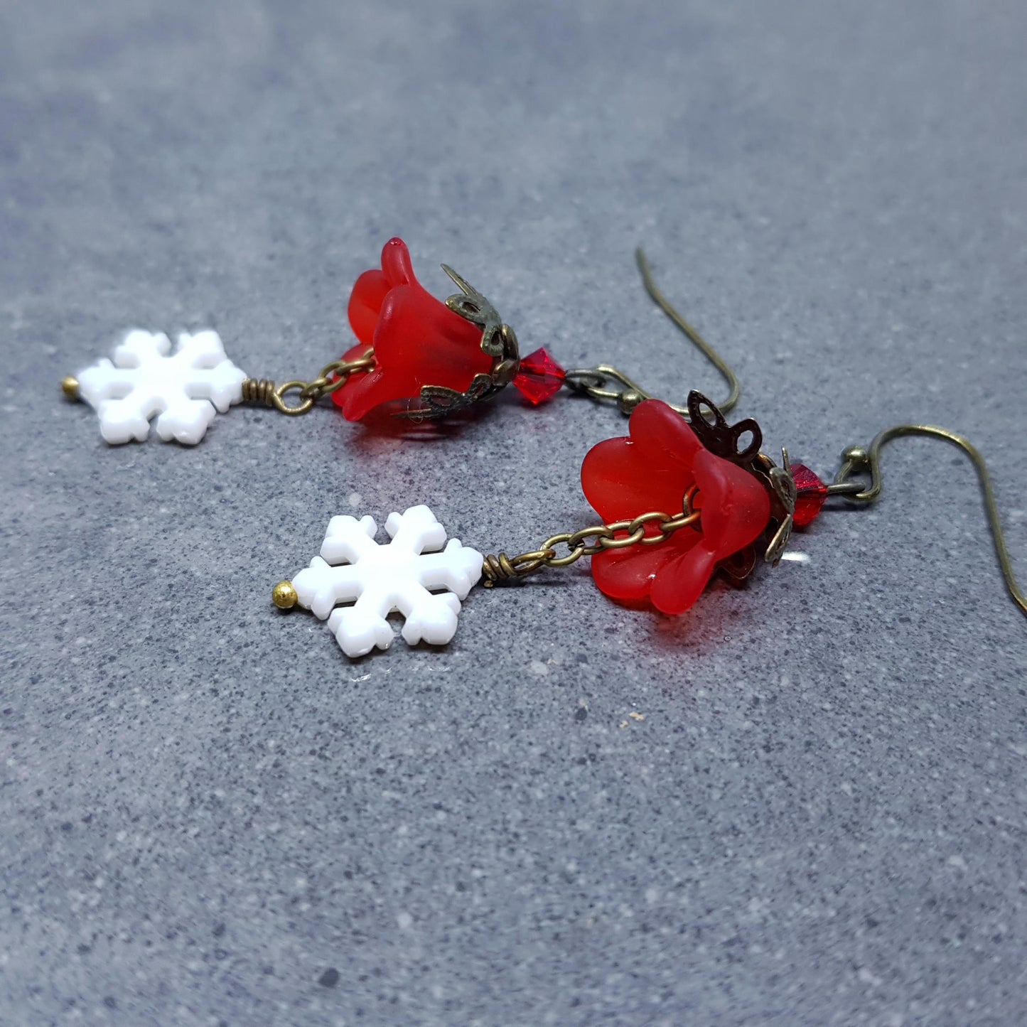 Red Christmas Flower Earrings, Choice of Ear Wires, White Snowflake Earrings, Seasonal Earrings, Festive Jewellery, PRIMERO Crystals®