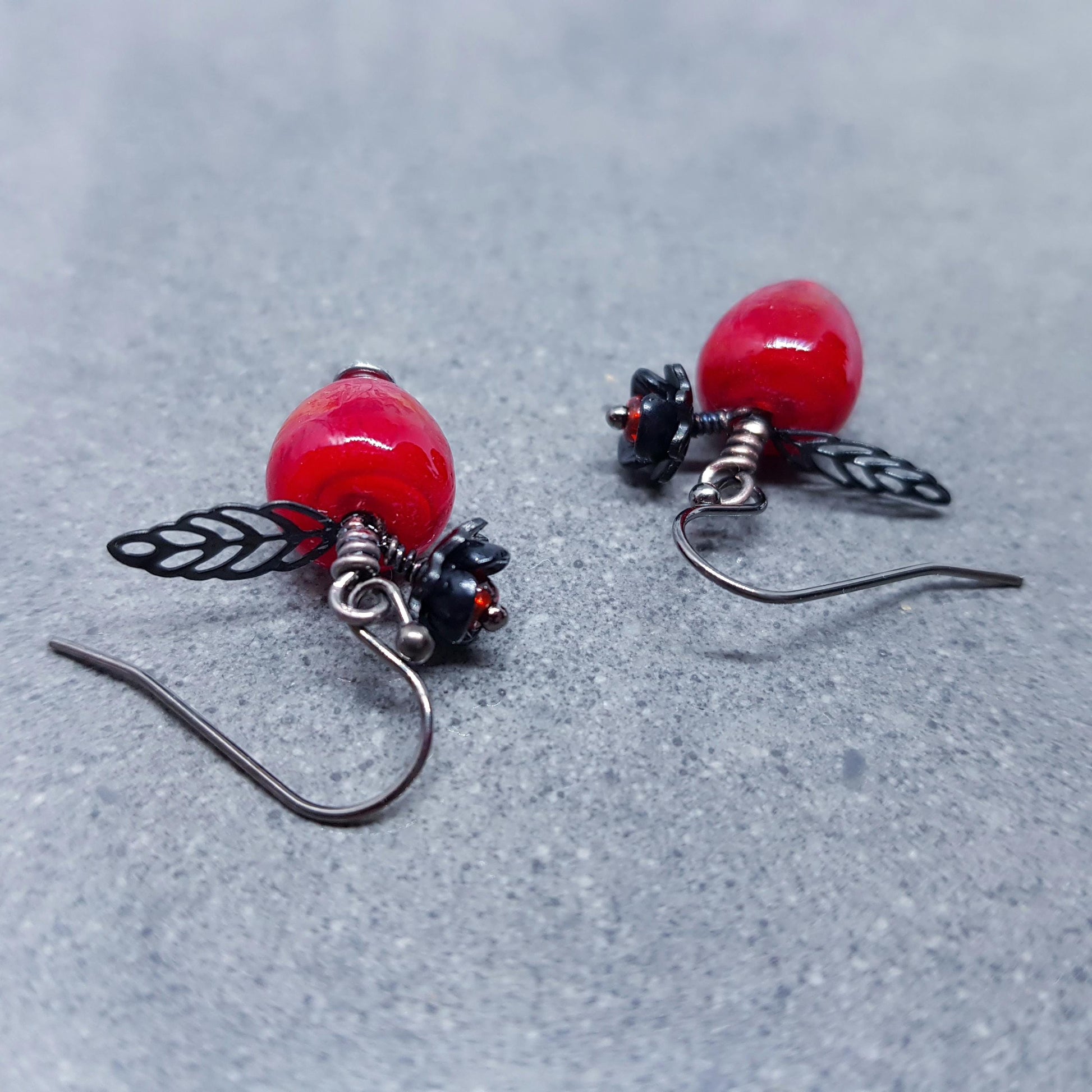 Glass Apple Earrings, Hypoallergenic Ear Wires, Fruit Earrings, Glass Jewelry, Halloween Earrings, Red Apple Earrings, Black Flower Earrings