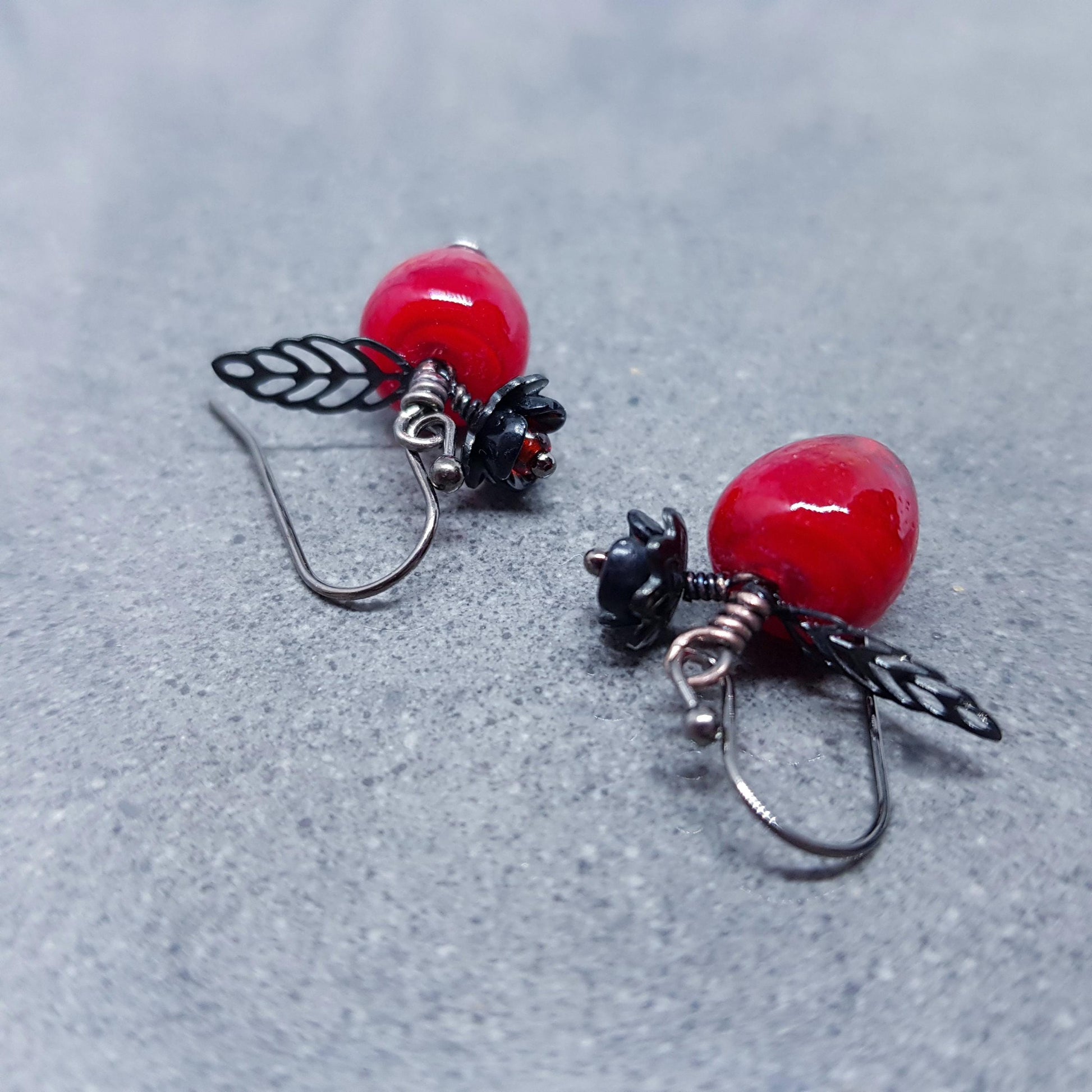 Glass Apple Earrings, Hypoallergenic Ear Wires, Fruit Earrings, Glass Jewelry, Halloween Earrings, Red Apple Earrings, Black Flower Earrings