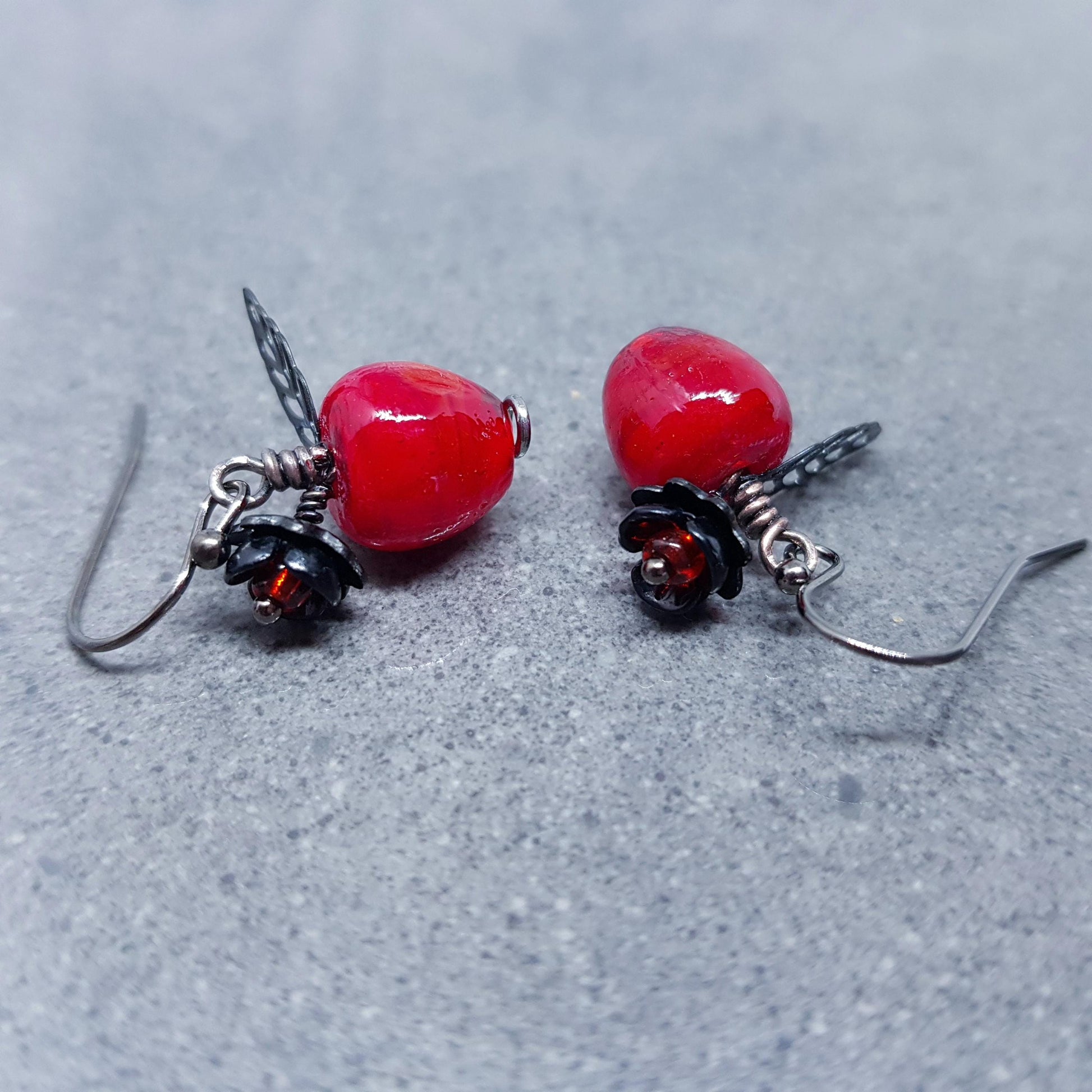 Glass Apple Earrings, Hypoallergenic Ear Wires, Fruit Earrings, Glass Jewelry, Halloween Earrings, Red Apple Earrings, Black Flower Earrings