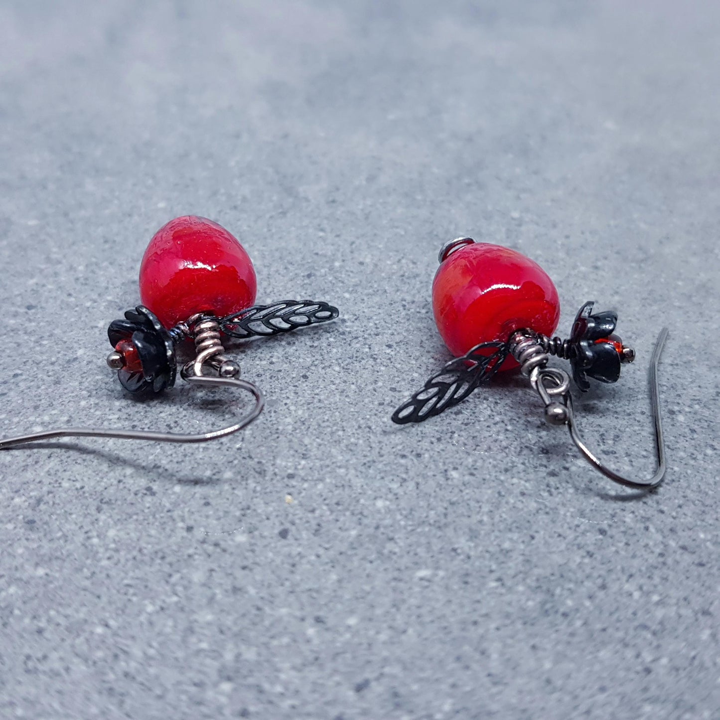 Glass Apple Earrings, Hypoallergenic Ear Wires, Fruit Earrings, Glass Jewelry, Halloween Earrings, Red Apple Earrings, Black Flower Earrings