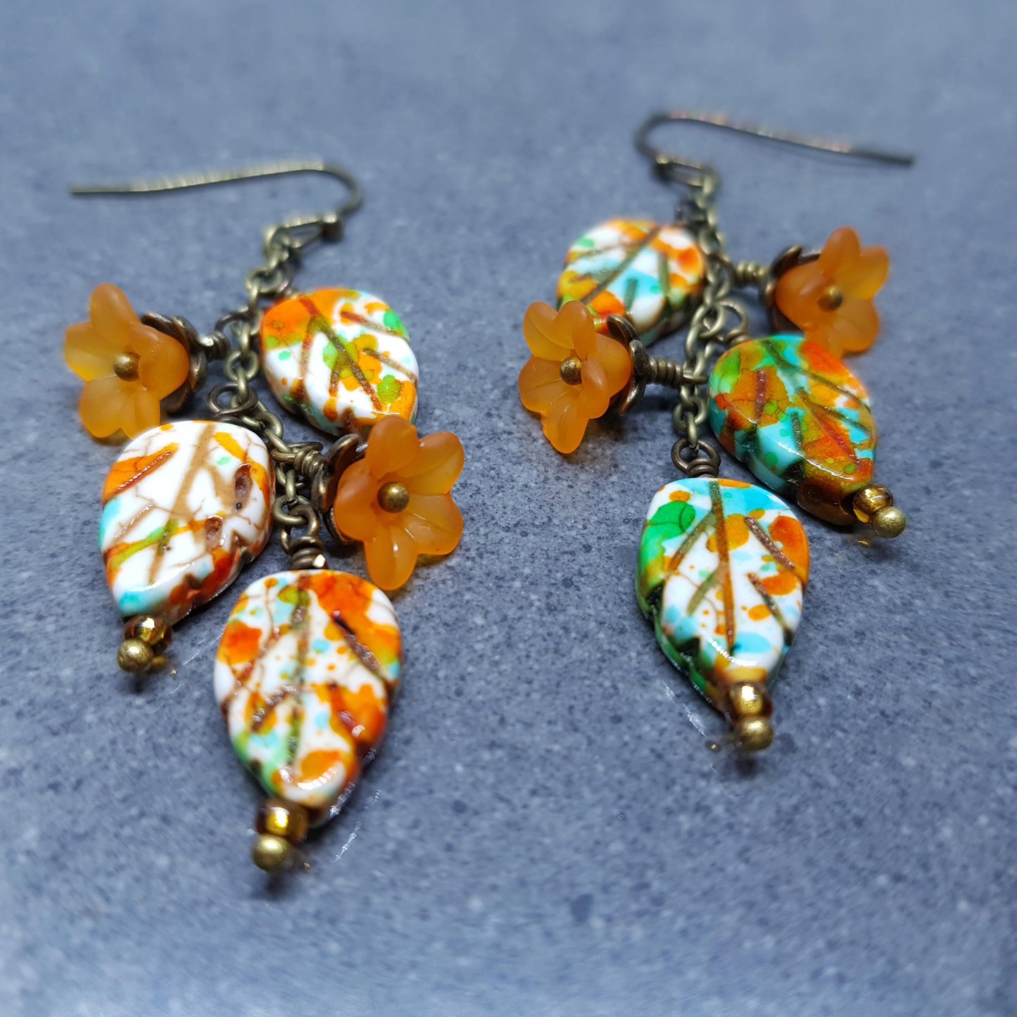 Glass Leaf Earrings, Hypoallergenic Ear Wires, Fall Earrings, Burnt Orange, Autumn Leaves, Autumnal, Boho Jewelry