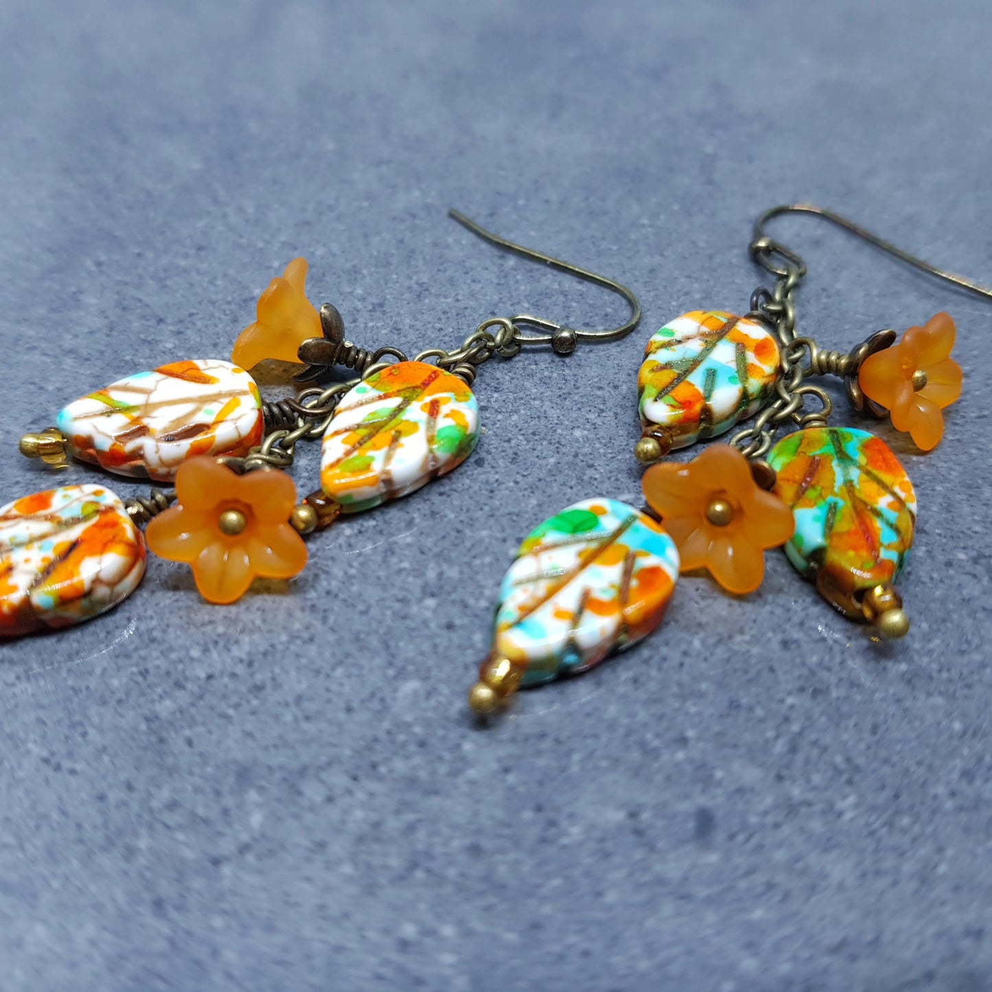 Glass Leaf Earrings, Hypoallergenic Ear Wires, Fall Earrings, Burnt Orange, Autumn Leaves, Autumnal, Boho Jewelry