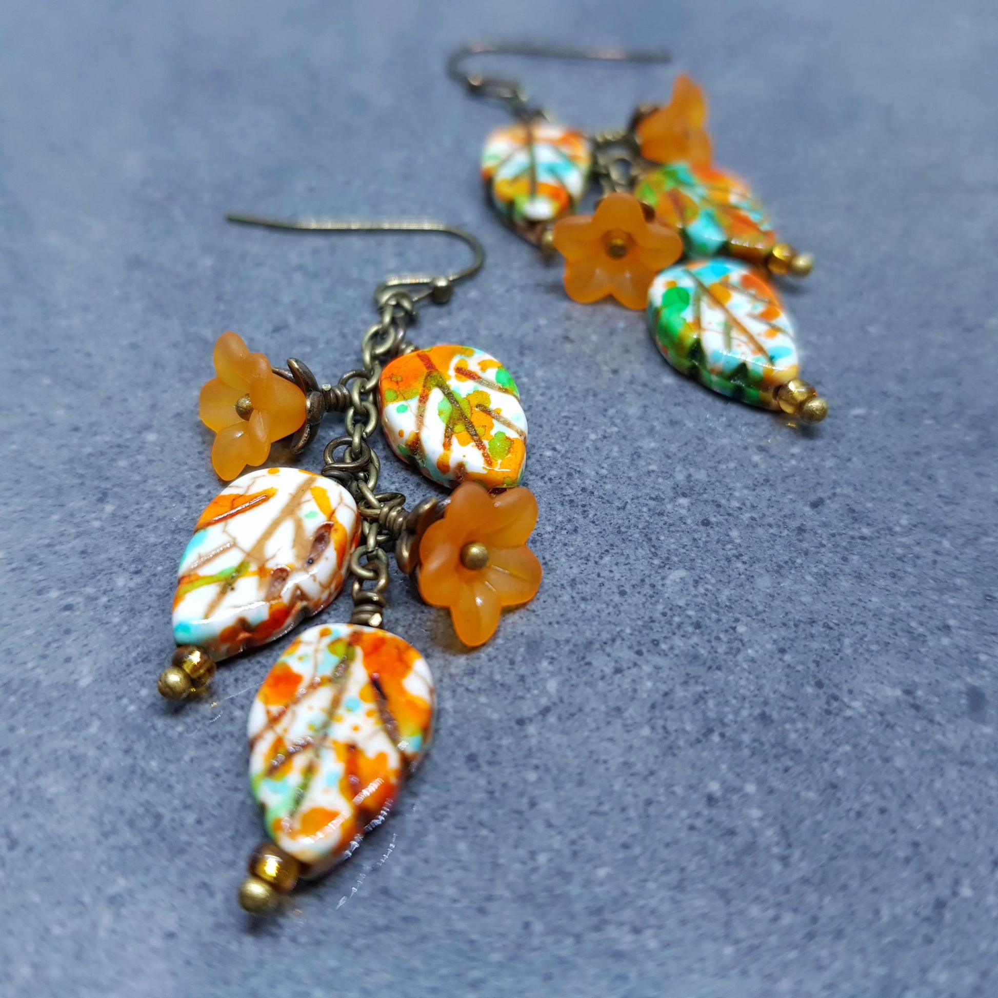 Glass Leaf Earrings, Hypoallergenic Ear Wires, Fall Earrings, Burnt Orange, Autumn Leaves, Autumnal, Boho Jewelry