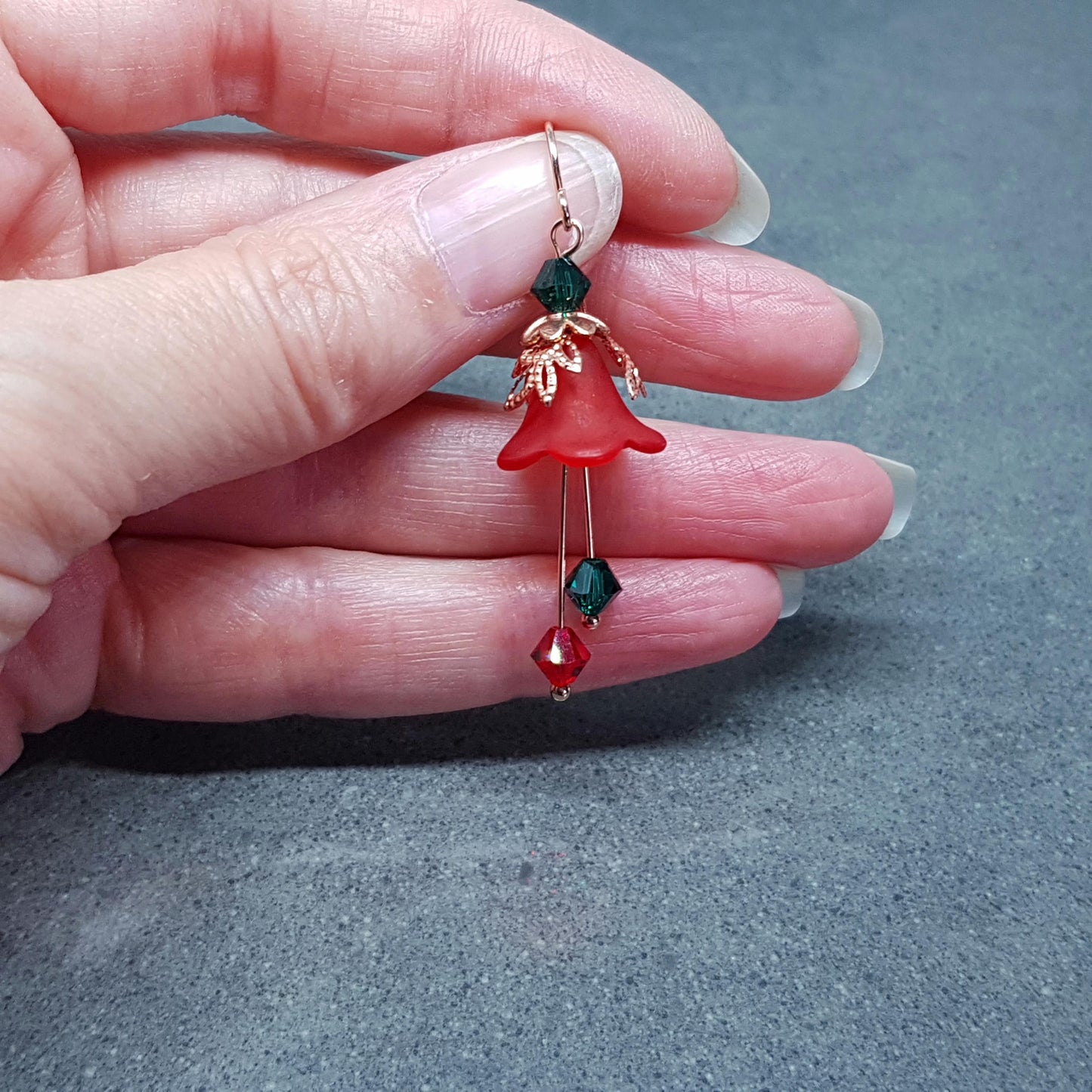 Red Flower Earrings, Hypoallergenic ear wires, Sterling Silver Ear Wires, Green and Red PRIMERO Crystals®, Christmas Jewellery