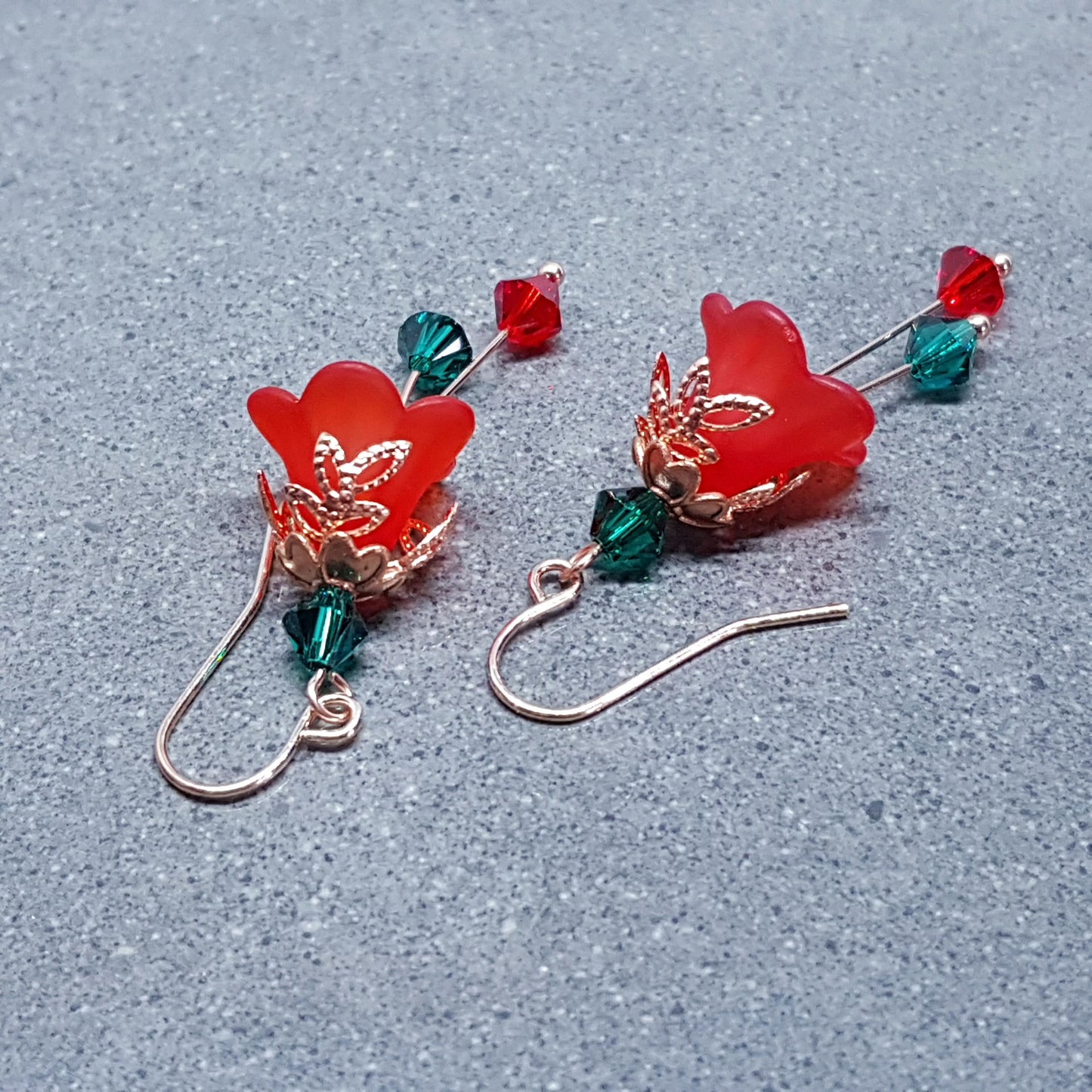 Red Flower Earrings, Hypoallergenic ear wires, Sterling Silver Ear Wires, Green and Red PRIMERO Crystals®, Christmas Jewellery