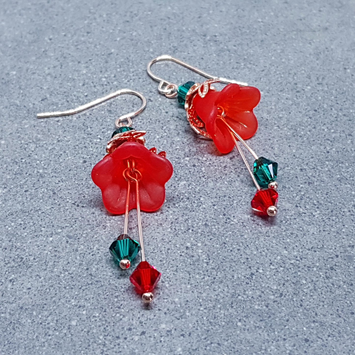 Red Flower Earrings, Hypoallergenic ear wires, Sterling Silver Ear Wires, Green and Red PRIMERO Crystals®, Christmas Jewellery