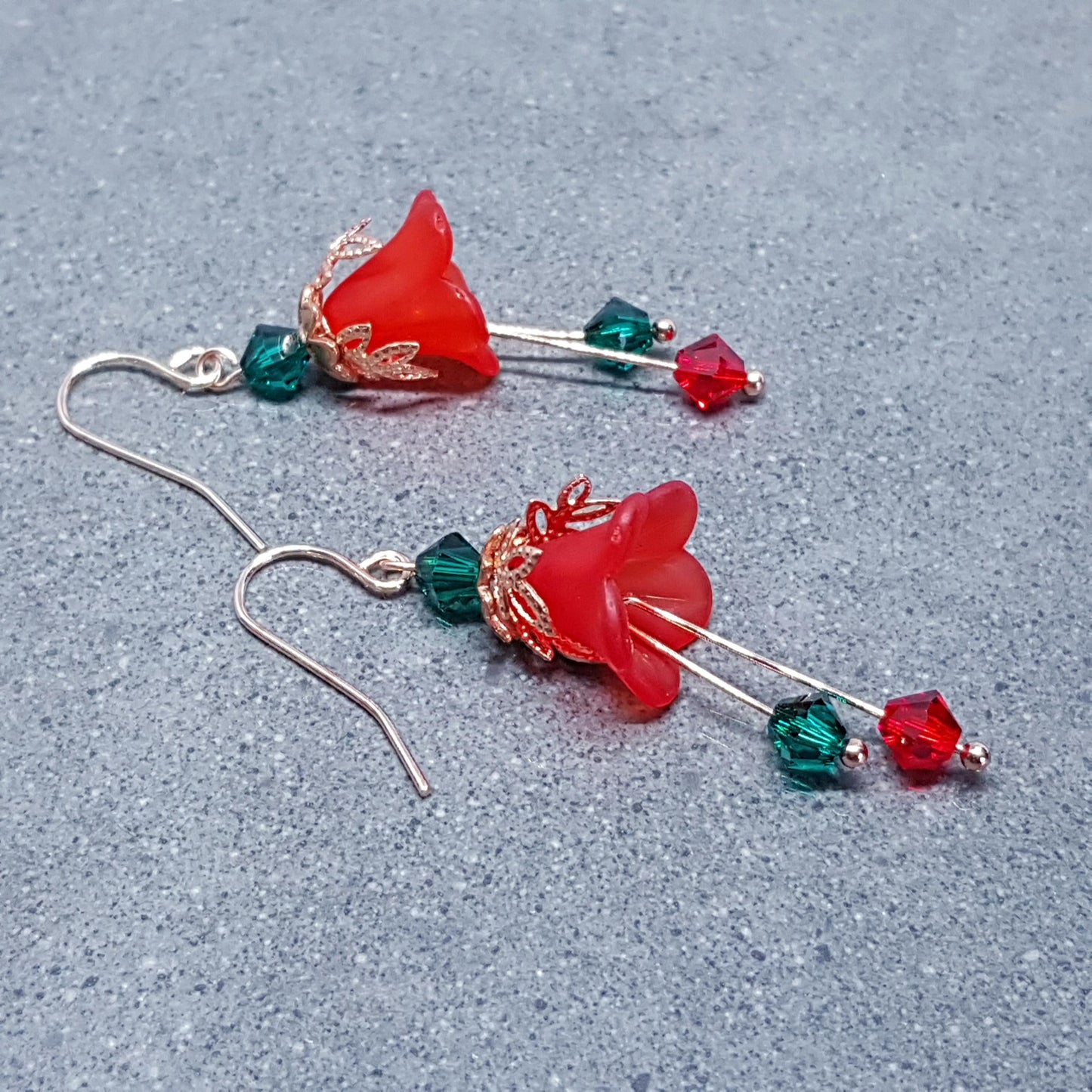 Red Flower Earrings, Hypoallergenic ear wires, Sterling Silver Ear Wires, Green and Red PRIMERO Crystals®, Christmas Jewellery