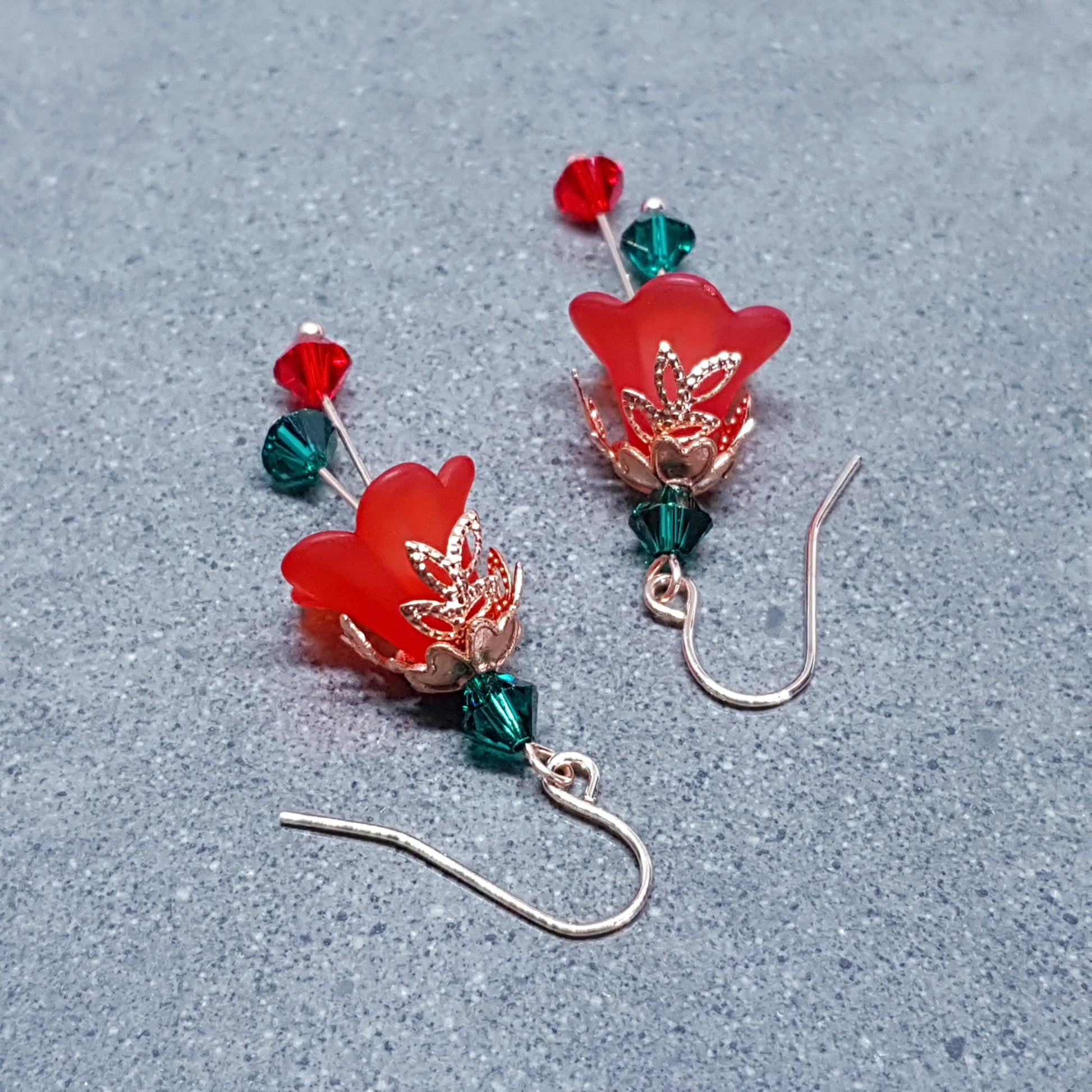 Red Flower Earrings, Hypoallergenic ear wires, Sterling Silver Ear Wires, Green and Red PRIMERO Crystals®, Christmas Jewellery