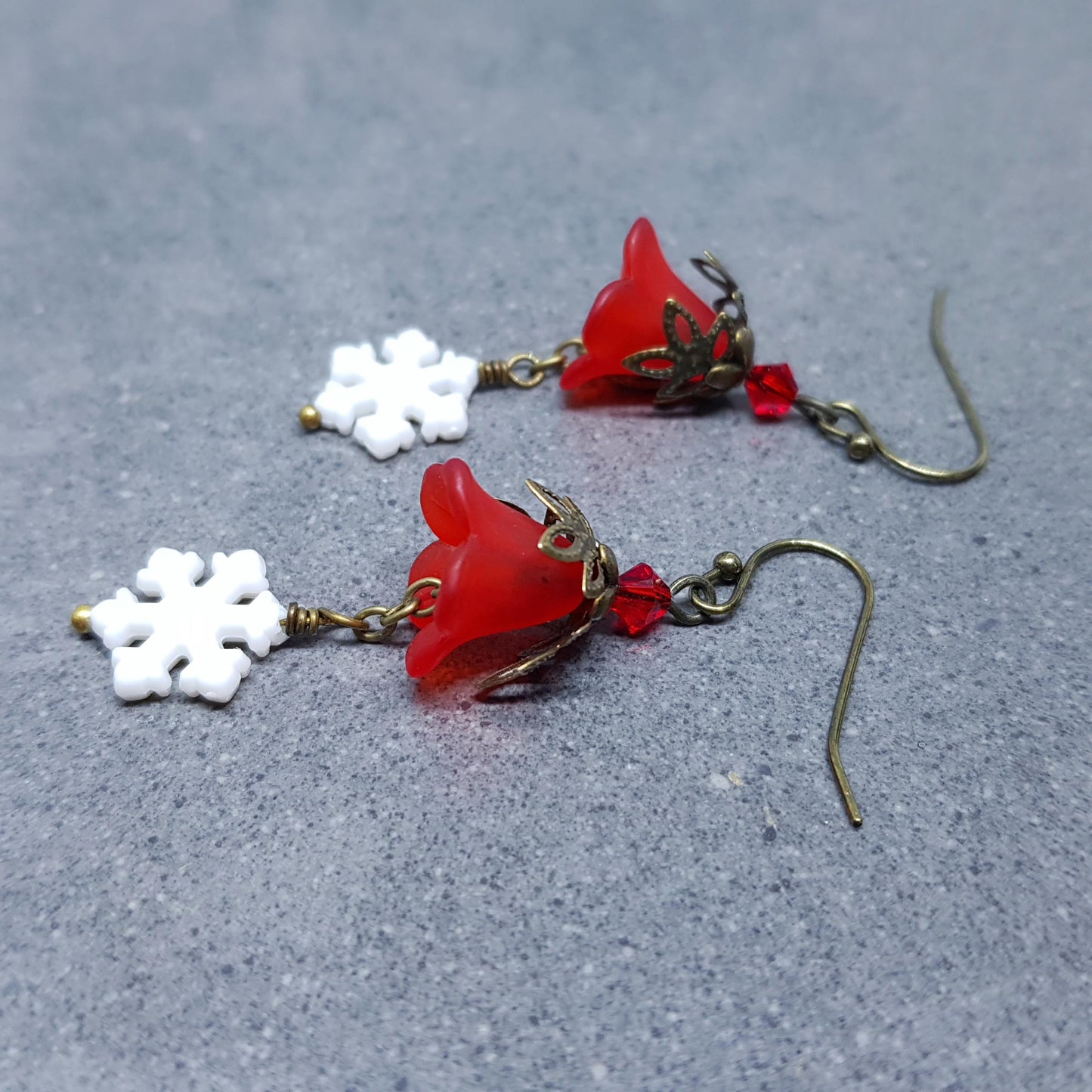 Red Christmas Flower Earrings, Choice of Ear Wires, White Snowflake Earrings, Seasonal Earrings, Festive Jewellery, PRIMERO Crystals®