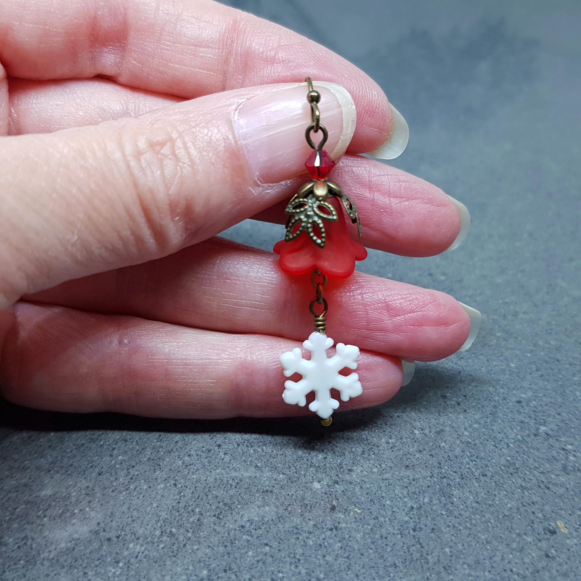 Red Christmas Flower Earrings, Choice of Ear Wires, White Snowflake Earrings, Seasonal Earrings, Festive Jewellery, PRIMERO Crystals®