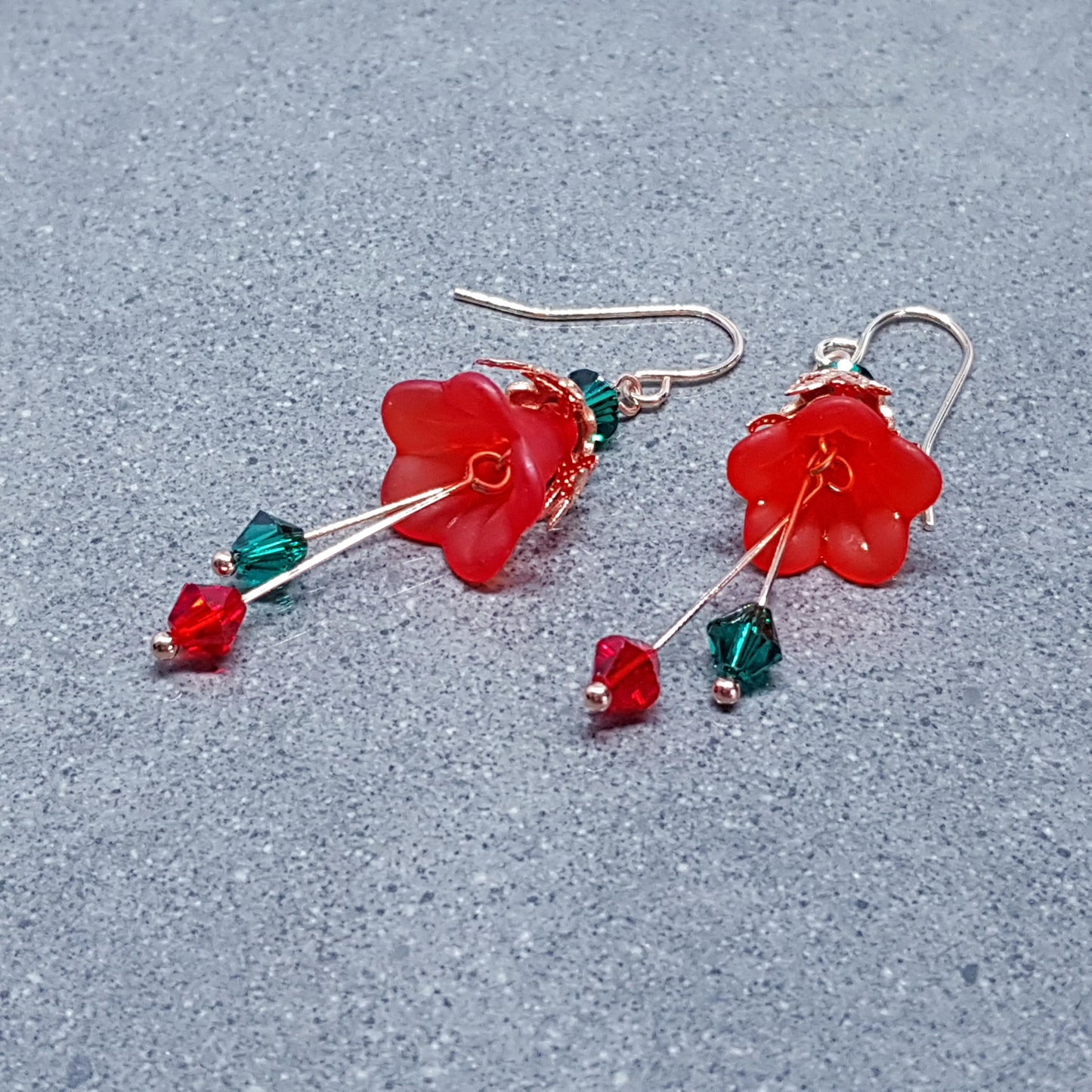 Red Flower Earrings, Hypoallergenic ear wires, Sterling Silver Ear Wires, Green and Red PRIMERO Crystals®, Christmas Jewellery