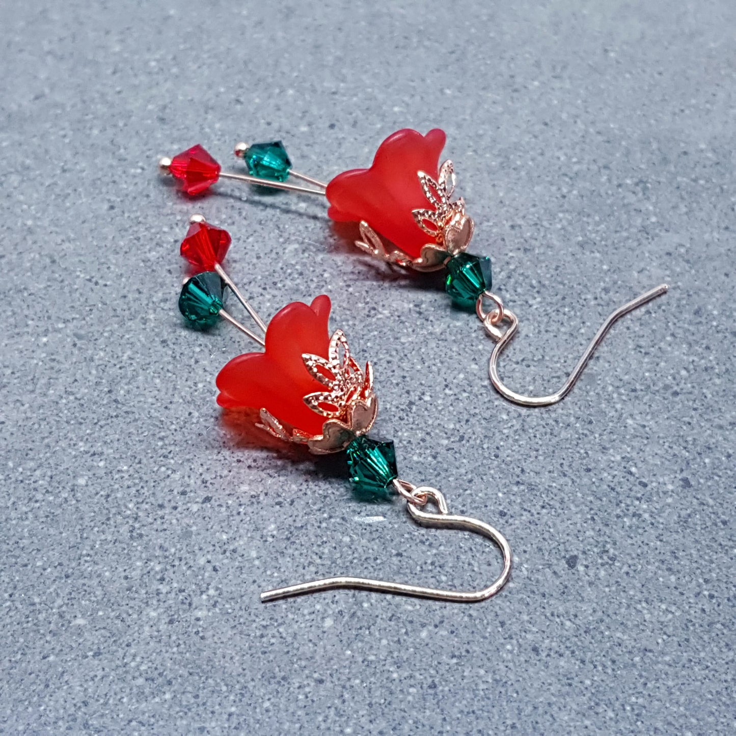 Red Flower Earrings, Hypoallergenic ear wires, Sterling Silver Ear Wires, Green and Red PRIMERO Crystals®, Christmas Jewellery