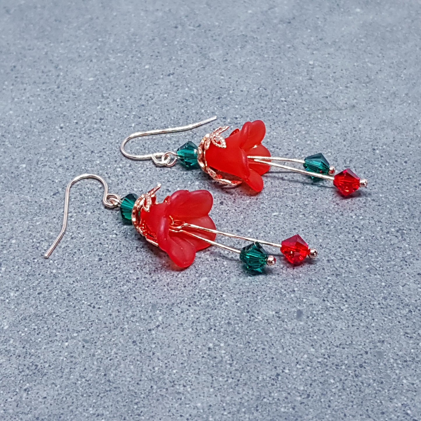 Red Flower Earrings, Hypoallergenic ear wires, Sterling Silver Ear Wires, Green and Red PRIMERO Crystals®, Christmas Jewellery