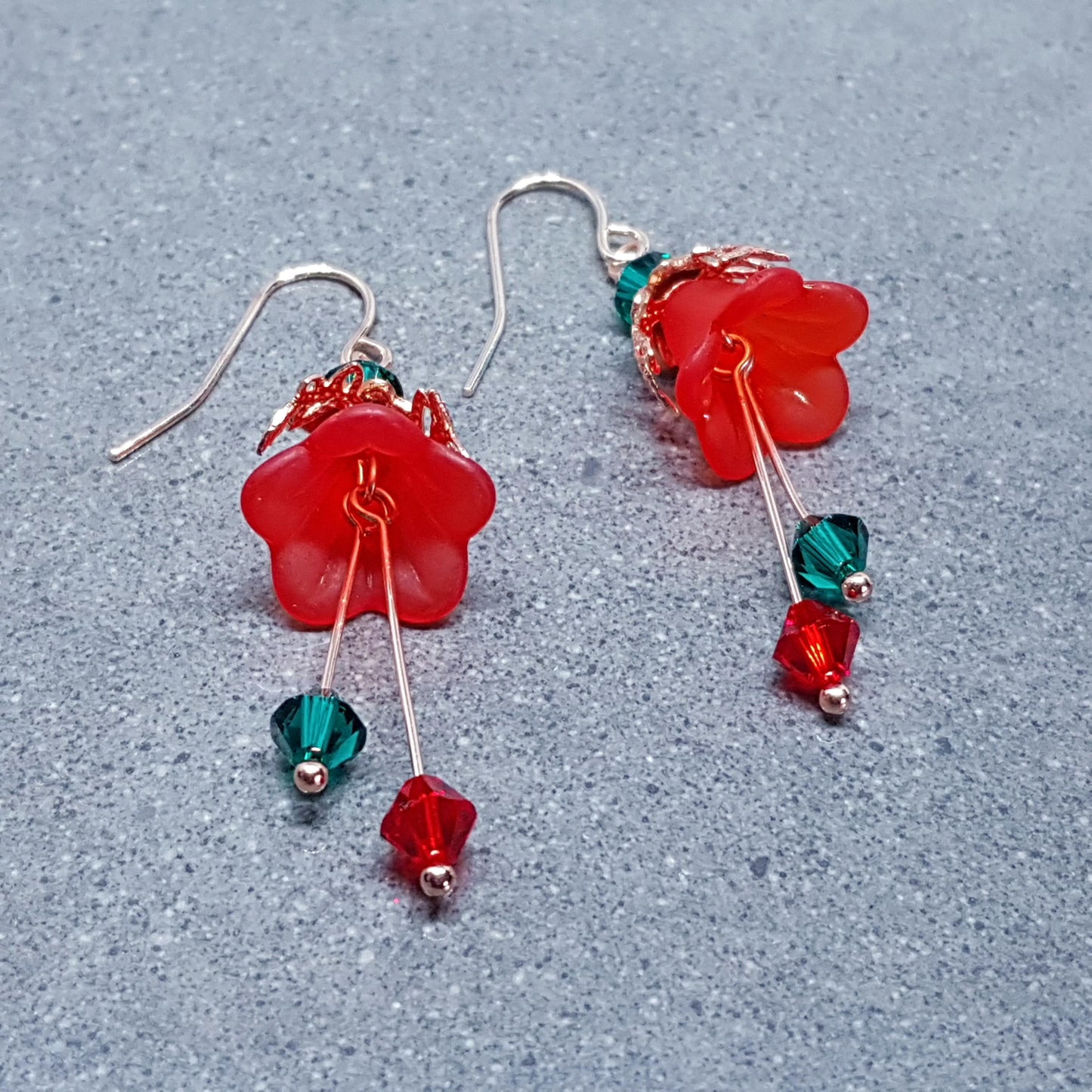 Red Flower Earrings, Hypoallergenic ear wires, Sterling Silver Ear Wires, Green and Red PRIMERO Crystals®, Christmas Jewellery