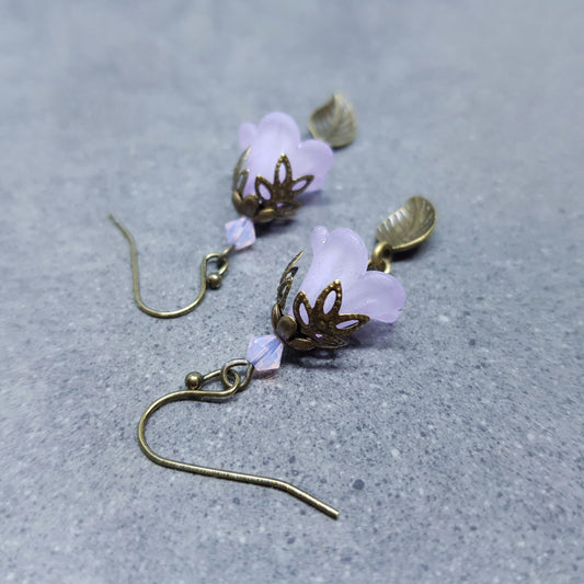 Purple Flower Earrings, Choice of Ear Wires, Mauve, Leaf Earrings, Seasonal Earrings, Vintage Style Jewellery, PRIMERO Crystals®