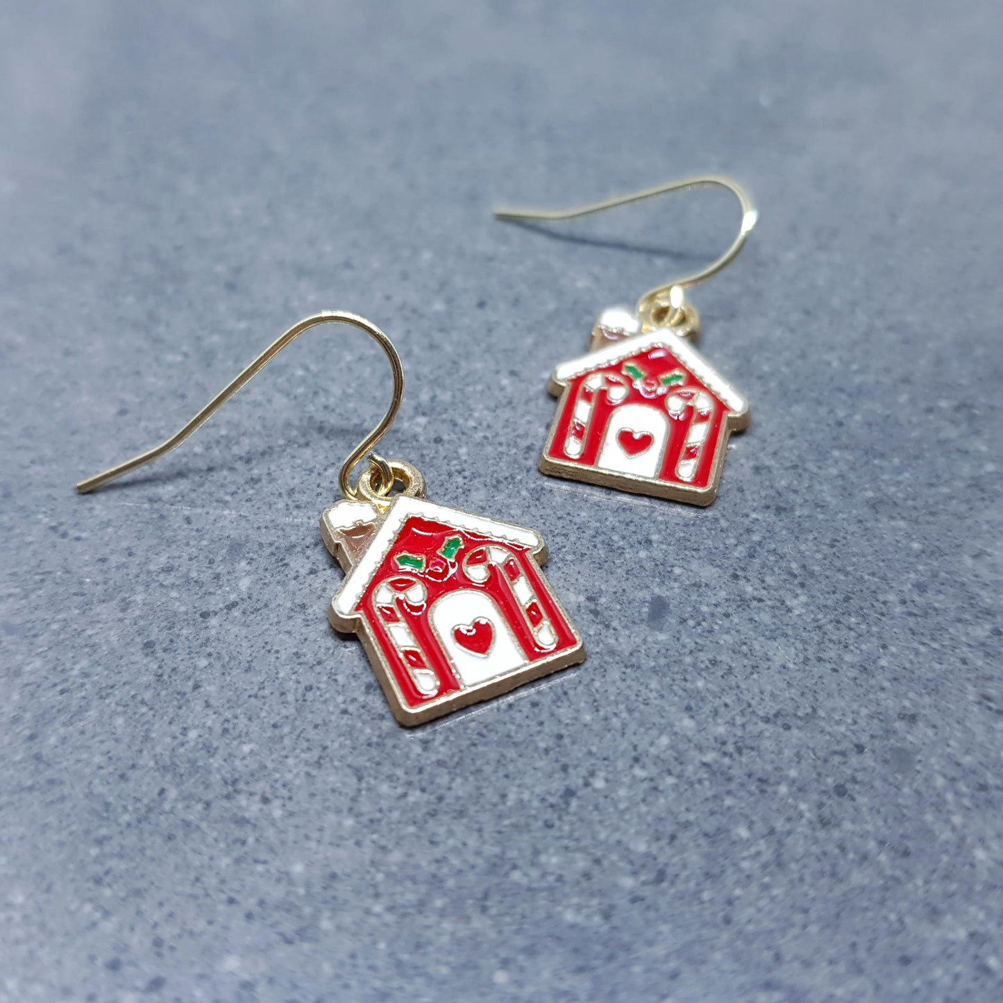 Gingerbread House Earrings, Christmas Earrings, Hypoallergenic Ear Wires, Christmas House, Candy Cane, Holly, Novelty Jewelry