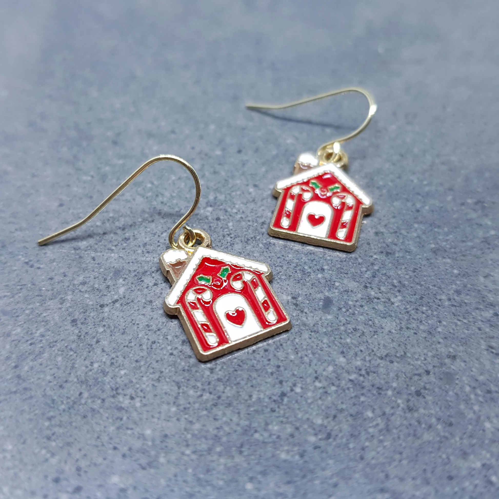 Gingerbread House Earrings, Christmas Earrings, Hypoallergenic Ear Wires, Christmas House, Candy Cane, Holly, Novelty Jewelry