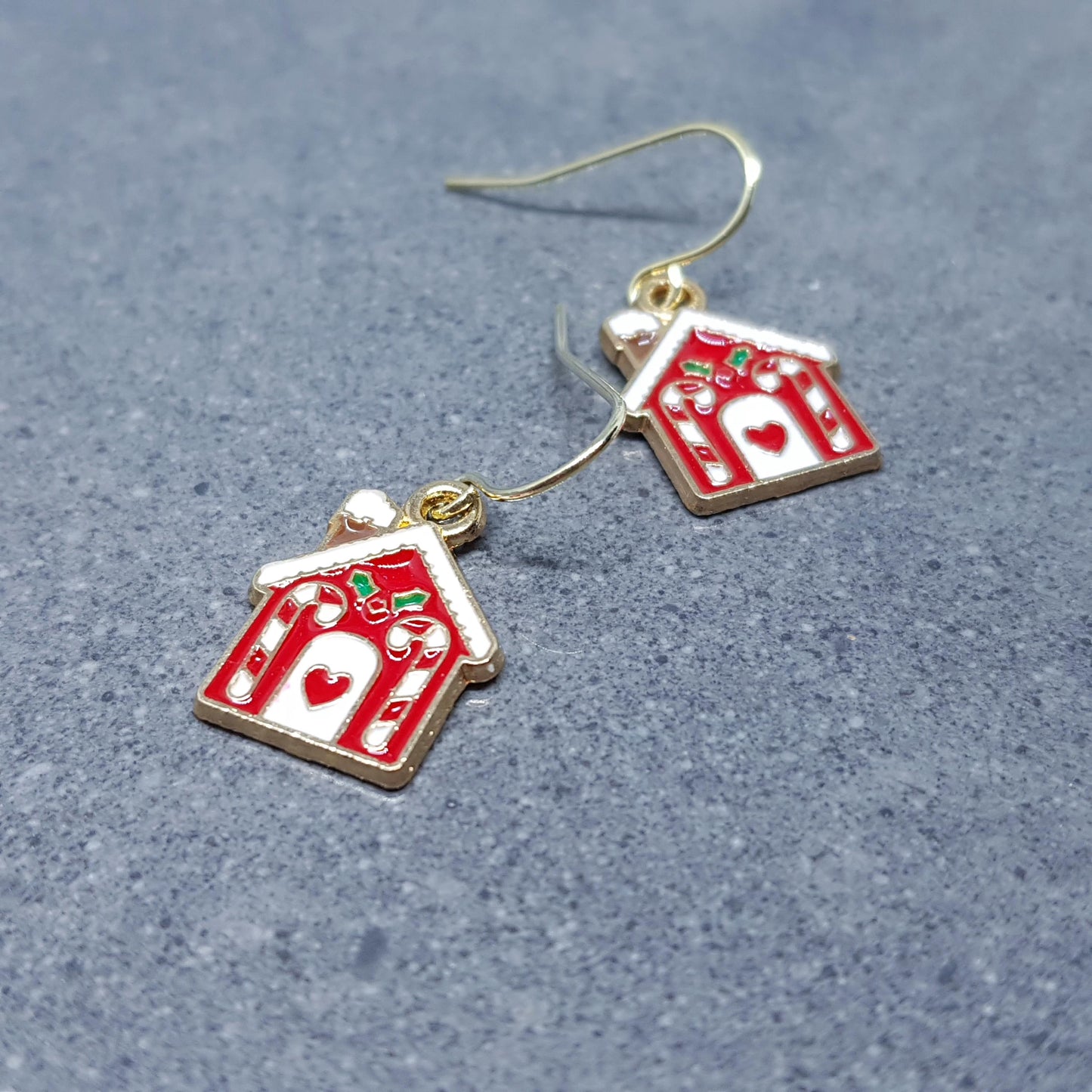 Gingerbread House Earrings, Christmas Earrings, Hypoallergenic Ear Wires, Christmas House, Candy Cane, Holly, Novelty Jewelry