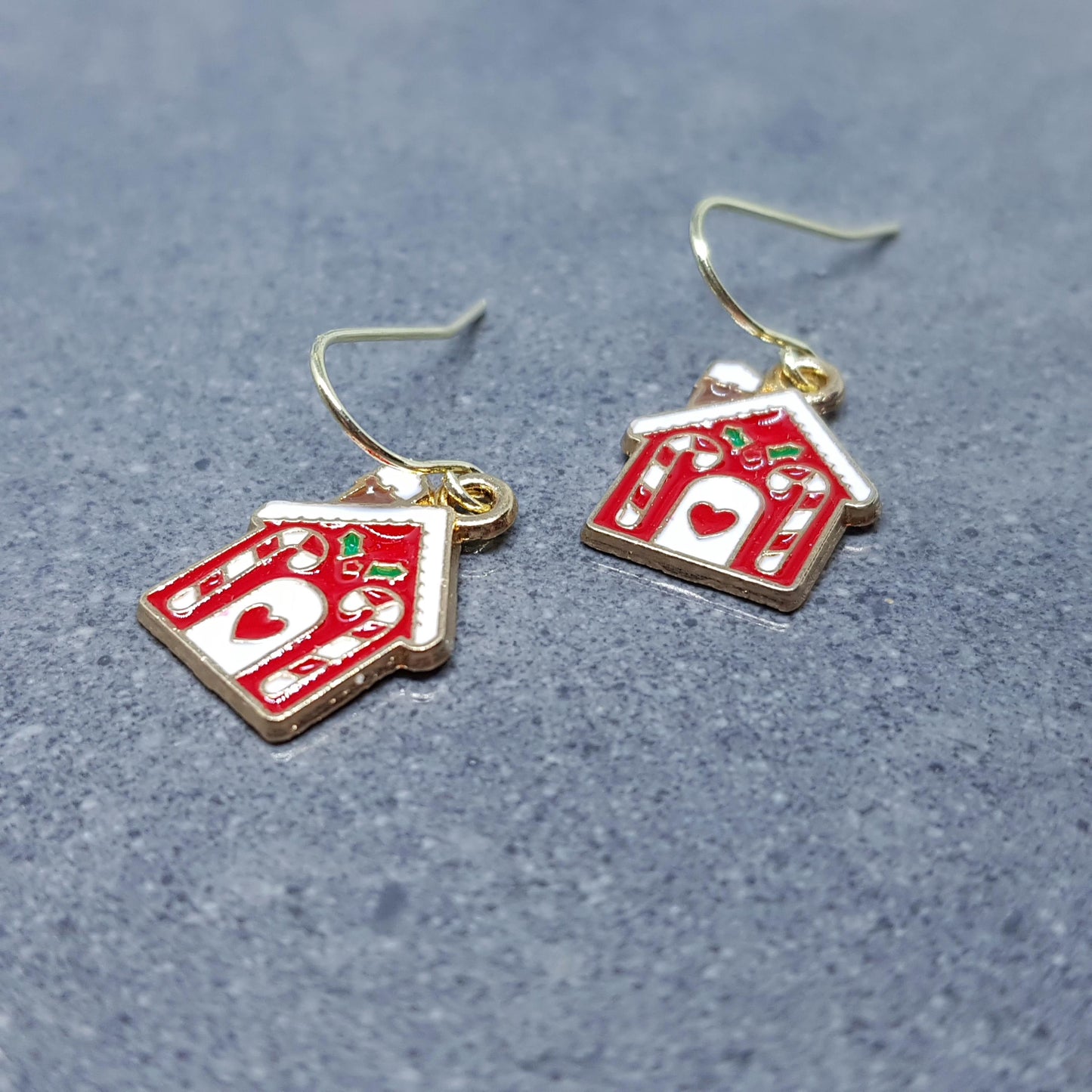 Gingerbread House Earrings, Christmas Earrings, Hypoallergenic Ear Wires, Christmas House, Candy Cane, Holly, Novelty Jewelry