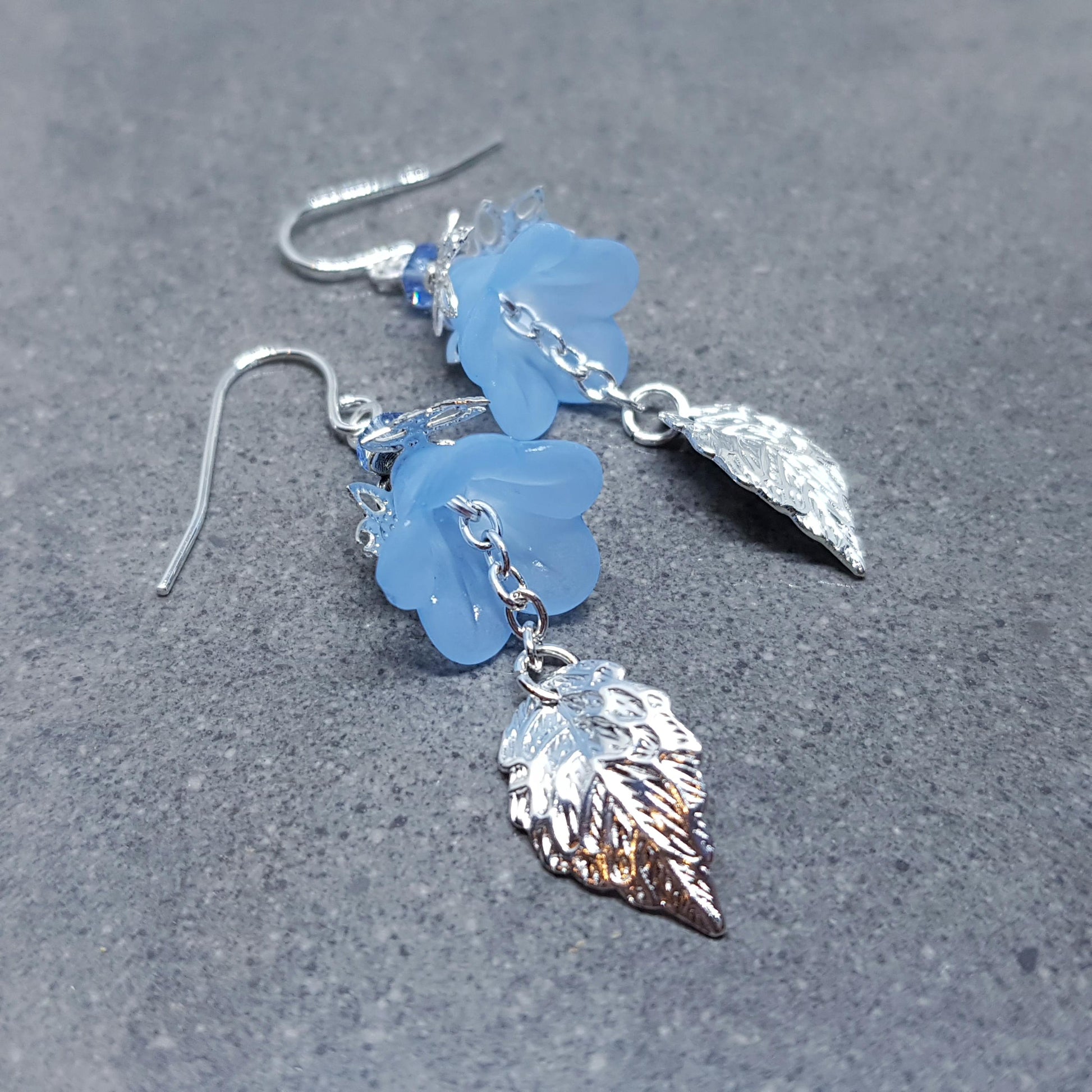 Spring Flower Earrings, Choice of Ear Wires, Blue Bellflower, Silver Leaf Earrings, Seasonal Earrings, Flower Jewellery, PRIMERO Crystals®