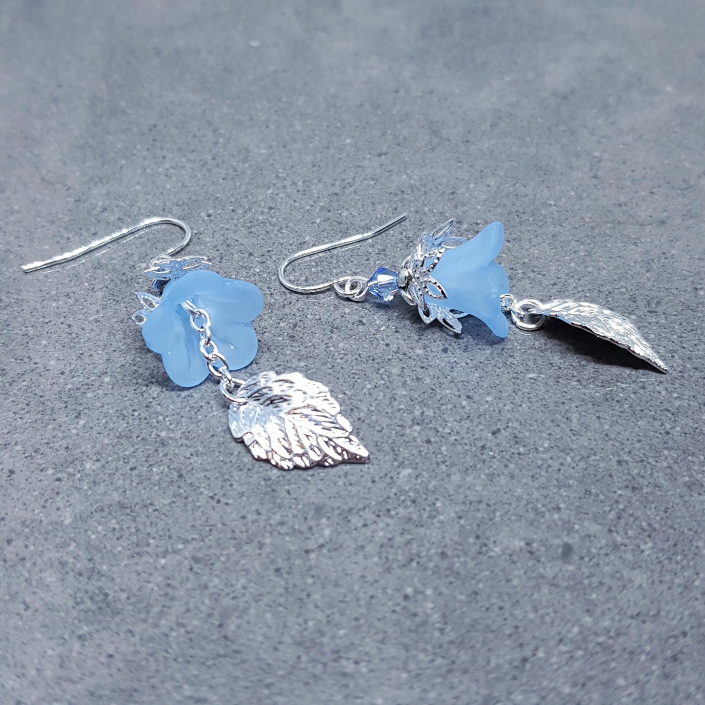 Spring Flower Earrings, Choice of Ear Wires, Blue Bellflower, Silver Leaf Earrings, Seasonal Earrings, Flower Jewellery, PRIMERO Crystals®