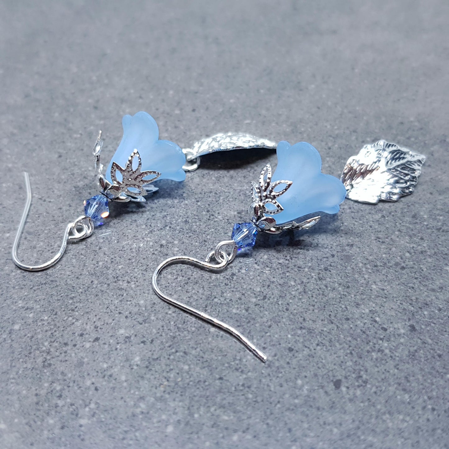 Spring Flower Earrings, Choice of Ear Wires, Blue Bellflower, Silver Leaf Earrings, Seasonal Earrings, Flower Jewellery, PRIMERO Crystals®