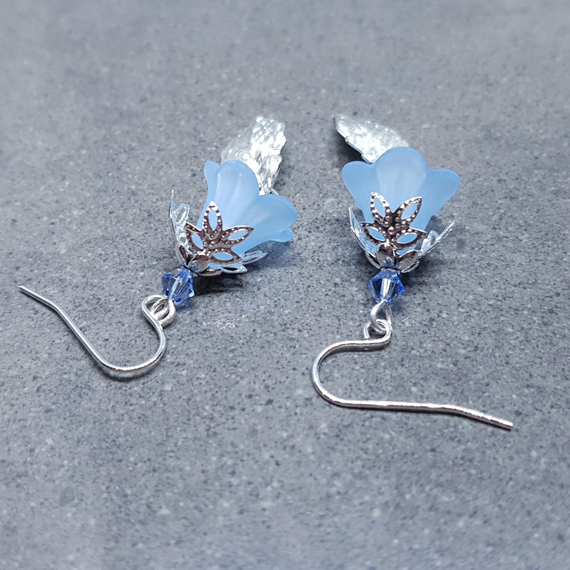 Spring Flower Earrings, Choice of Ear Wires, Blue Bellflower, Silver Leaf Earrings, Seasonal Earrings, Flower Jewellery, PRIMERO Crystals®