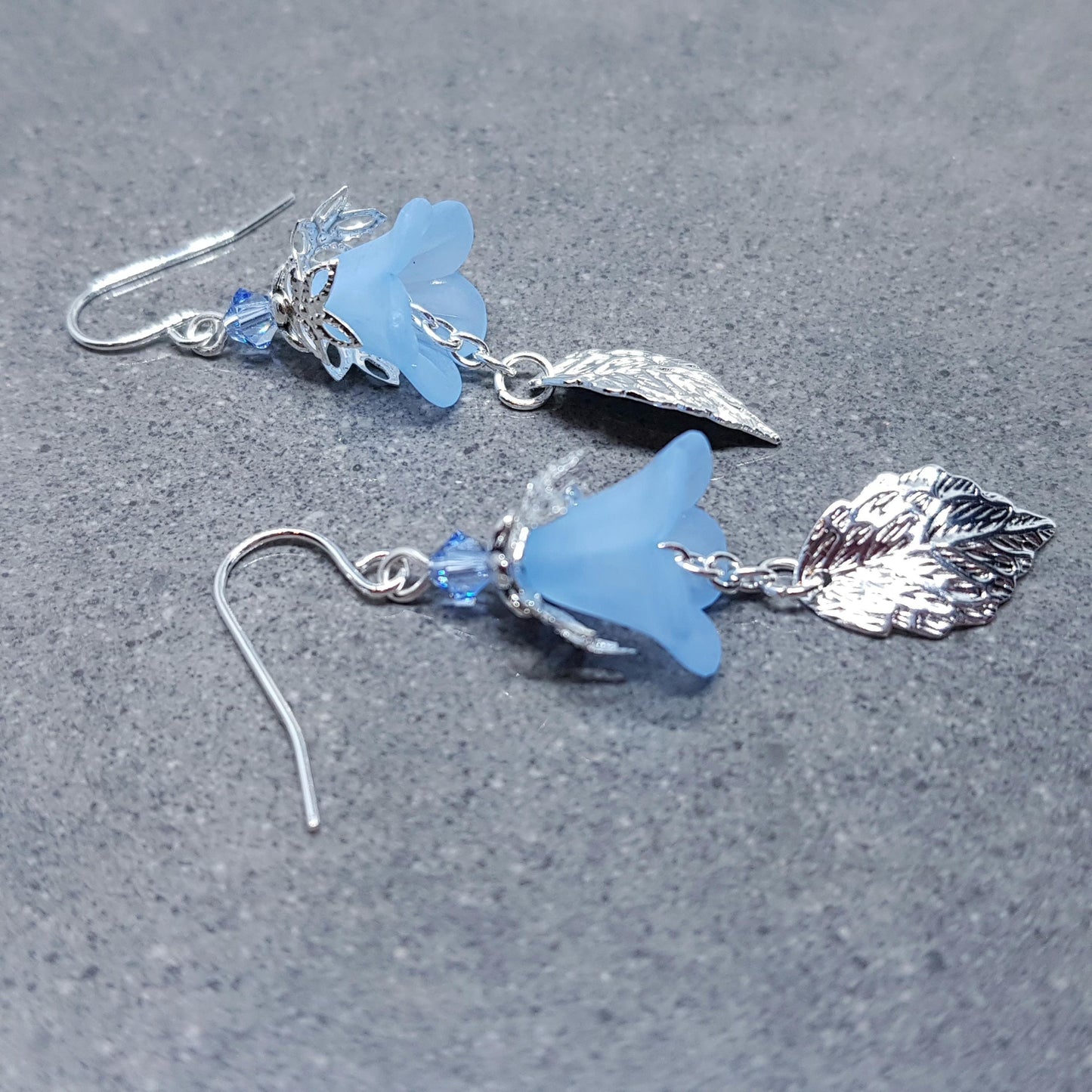 Spring Flower Earrings, Choice of Ear Wires, Blue Bellflower, Silver Leaf Earrings, Seasonal Earrings, Flower Jewellery, PRIMERO Crystals®