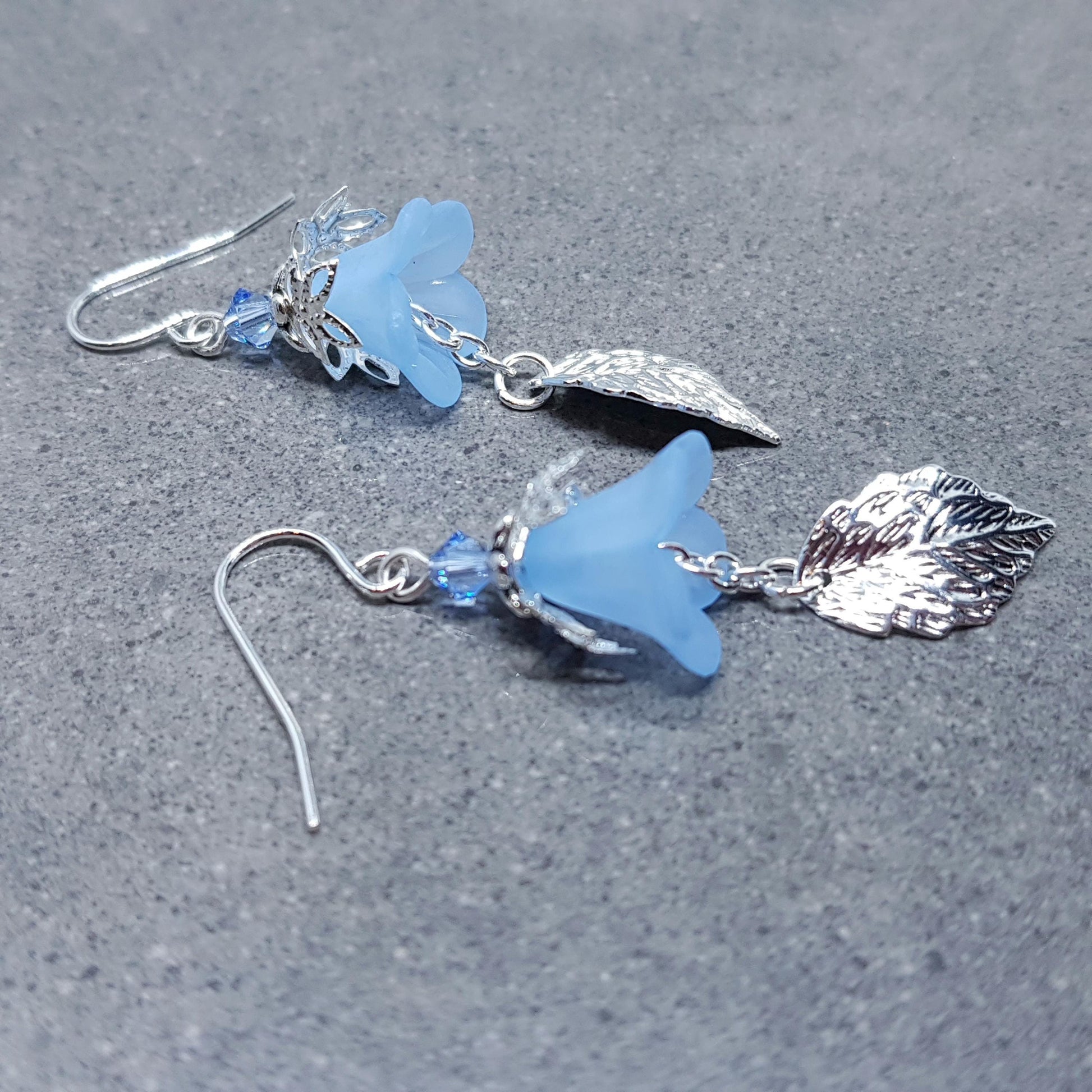 Spring Flower Earrings, Choice of Ear Wires, Blue Bellflower, Silver Leaf Earrings, Seasonal Earrings, Flower Jewellery, PRIMERO Crystals®