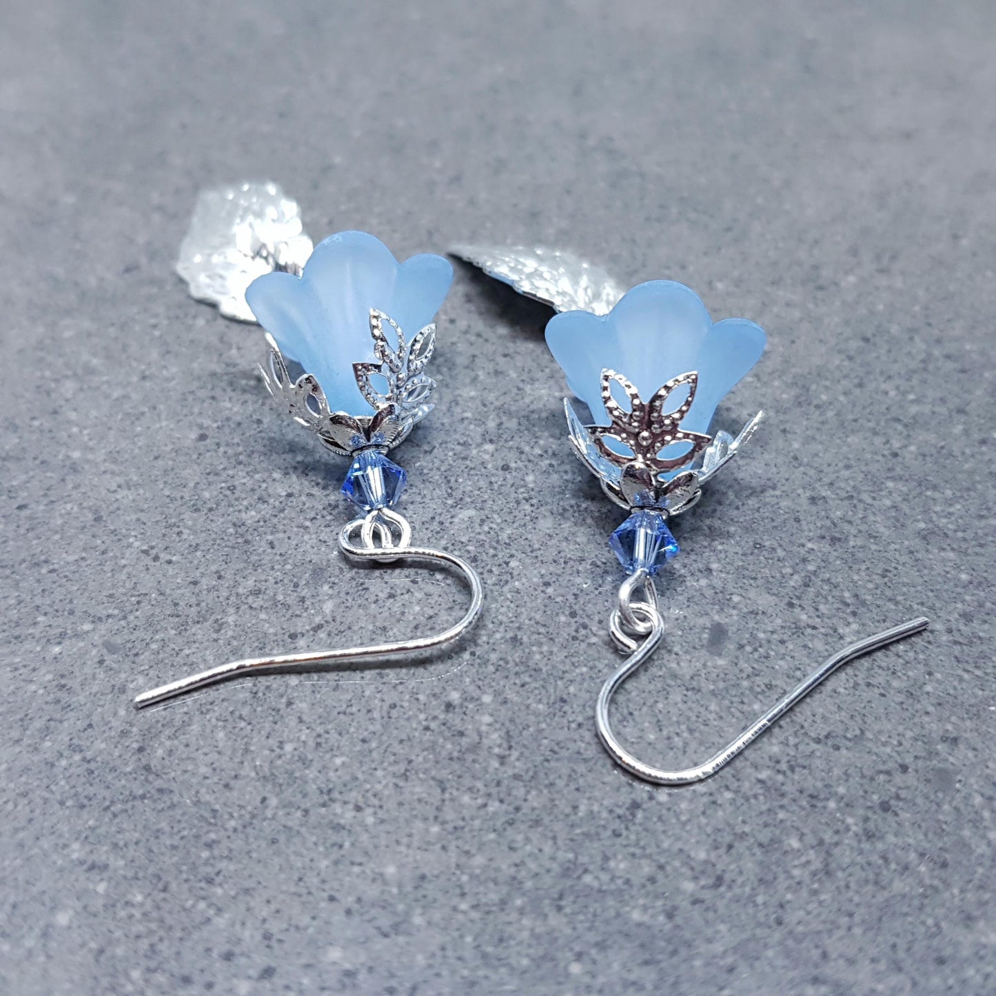 Spring Flower Earrings, Choice of Ear Wires, Blue Bellflower, Silver Leaf Earrings, Seasonal Earrings, Flower Jewellery, PRIMERO Crystals®