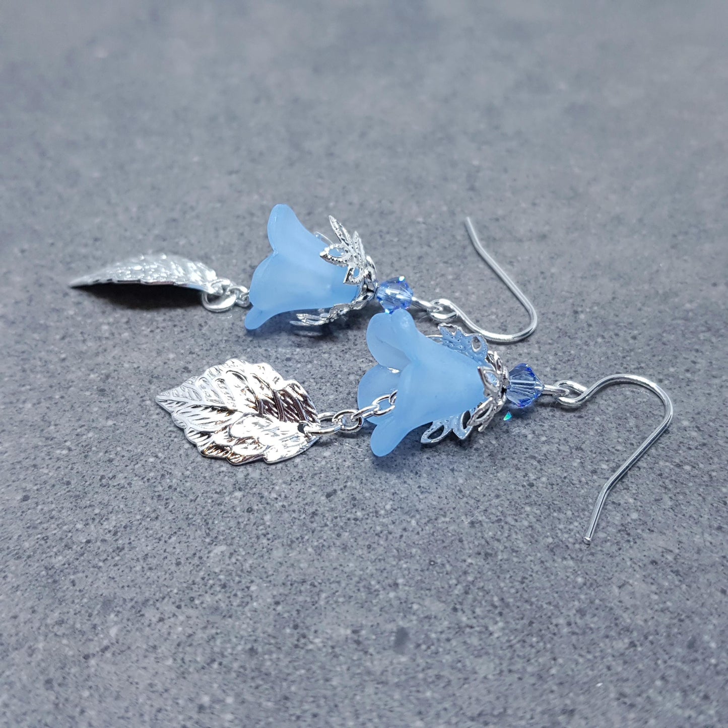 Spring Flower Earrings, Choice of Ear Wires, Blue Bellflower, Silver Leaf Earrings, Seasonal Earrings, Flower Jewellery, PRIMERO Crystals®