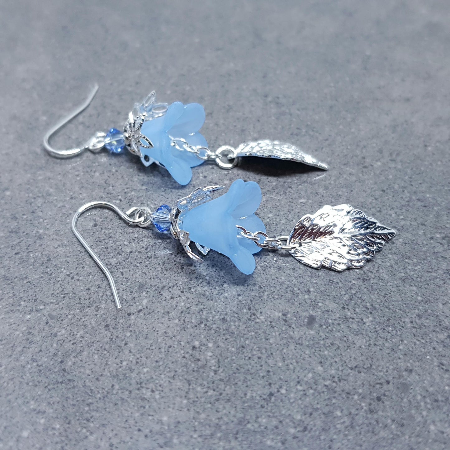 Spring Flower Earrings, Choice of Ear Wires, Blue Bellflower, Silver Leaf Earrings, Seasonal Earrings, Flower Jewellery, PRIMERO Crystals®