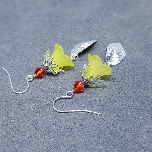 Spring Flower Earrings, Choice of Ear Wires, Yellow Bellflower, Silver Leaf Earrings, Seasonal Earrings, Flower Jewelry, PRIMERO Crystals®