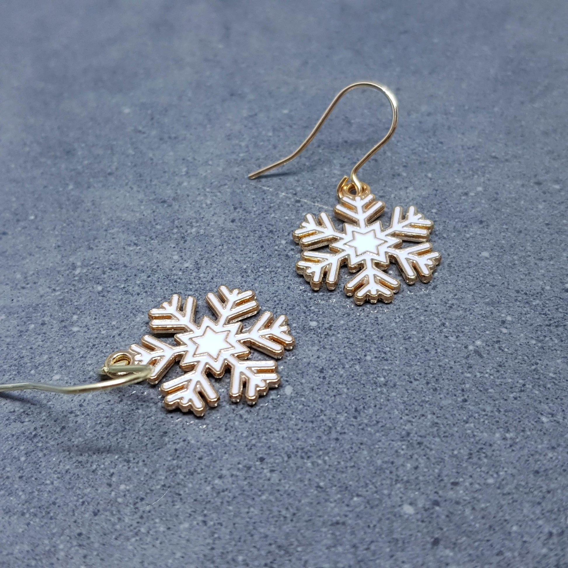 Snowflake Earrings, Hypoallergenic Ear Wires, Gold Snowflake Earrings, Christmas Earrings, White Enamel Earrings, Festive Earrings