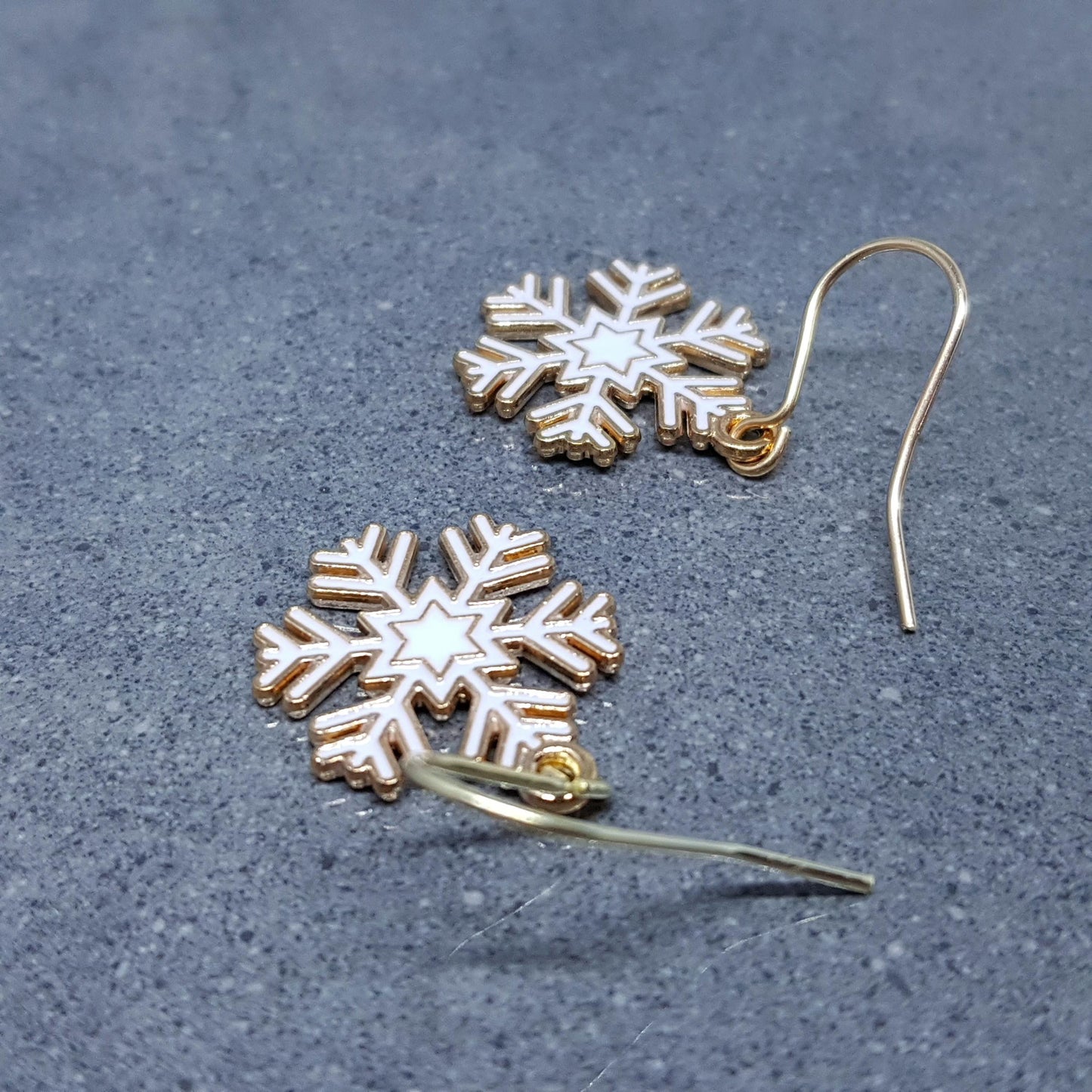 Snowflake Earrings, Hypoallergenic Ear Wires, Gold Snowflake Earrings, Christmas Earrings, White Enamel Earrings, Festive Earrings