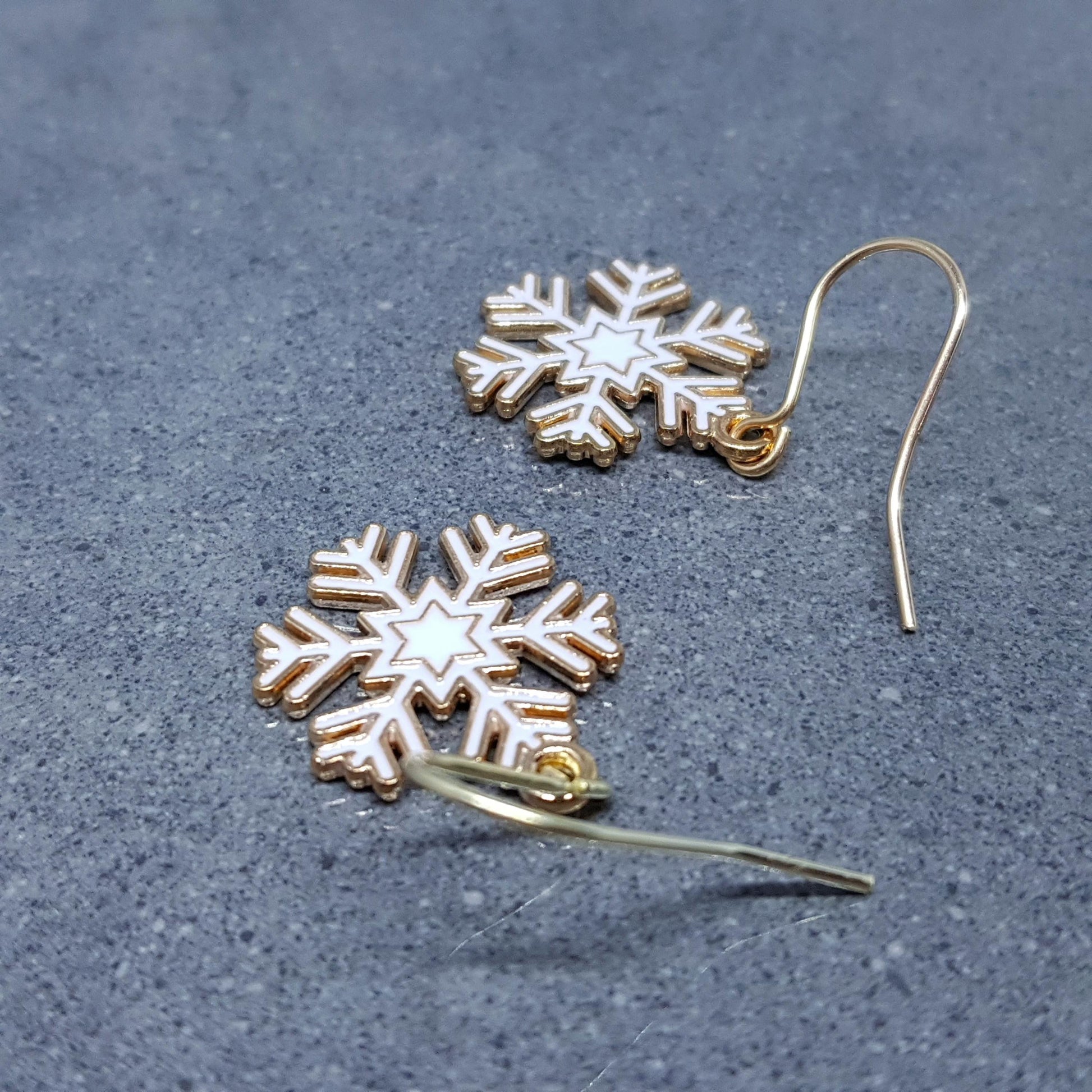 Snowflake Earrings, Hypoallergenic Ear Wires, Gold Snowflake Earrings, Christmas Earrings, White Enamel Earrings, Festive Earrings
