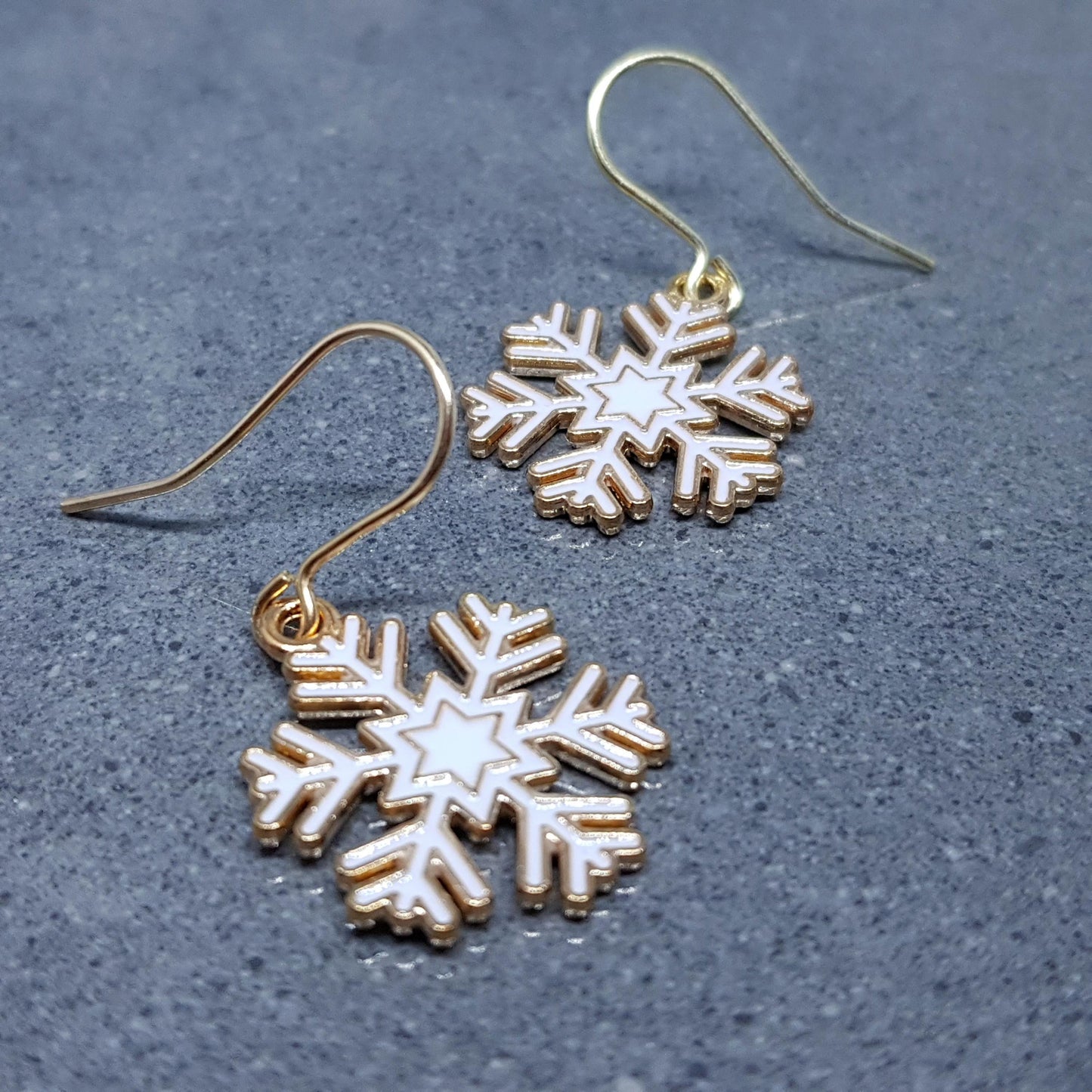 Snowflake Earrings, Hypoallergenic Ear Wires, Gold Snowflake Earrings, Christmas Earrings, White Enamel Earrings, Festive Earrings