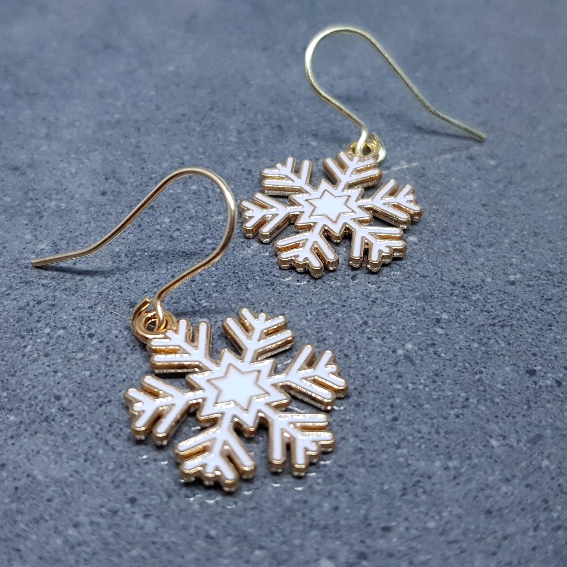 Snowflake Earrings, Hypoallergenic Ear Wires, Gold Snowflake Earrings, Christmas Earrings, White Enamel Earrings, Festive Earrings