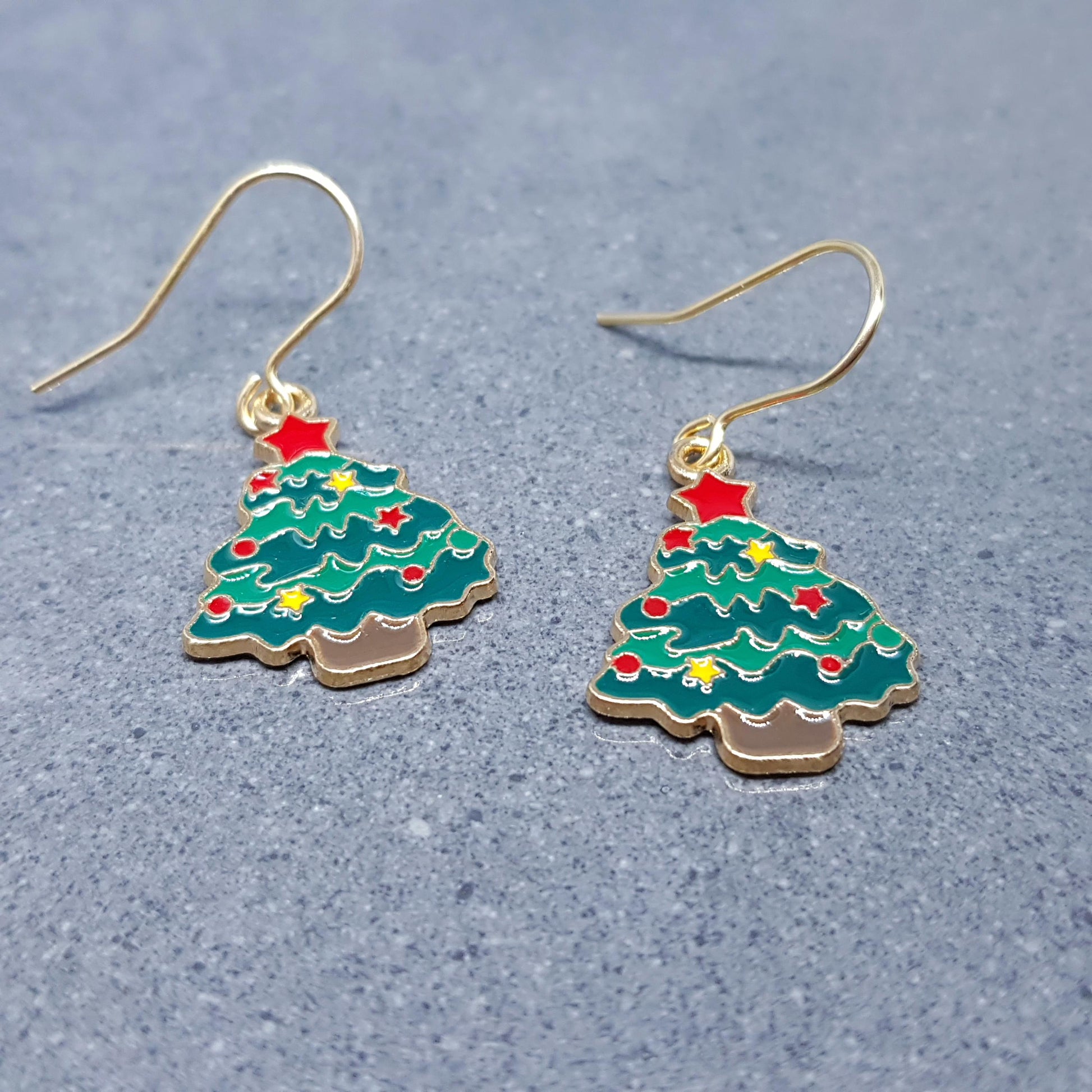 Christmas Tree Earrings, Choice of Ear Wires, Gold Christmas Earrings, Festive Earrings, Green, Red, Yellow Enamelling, Christmas Tree