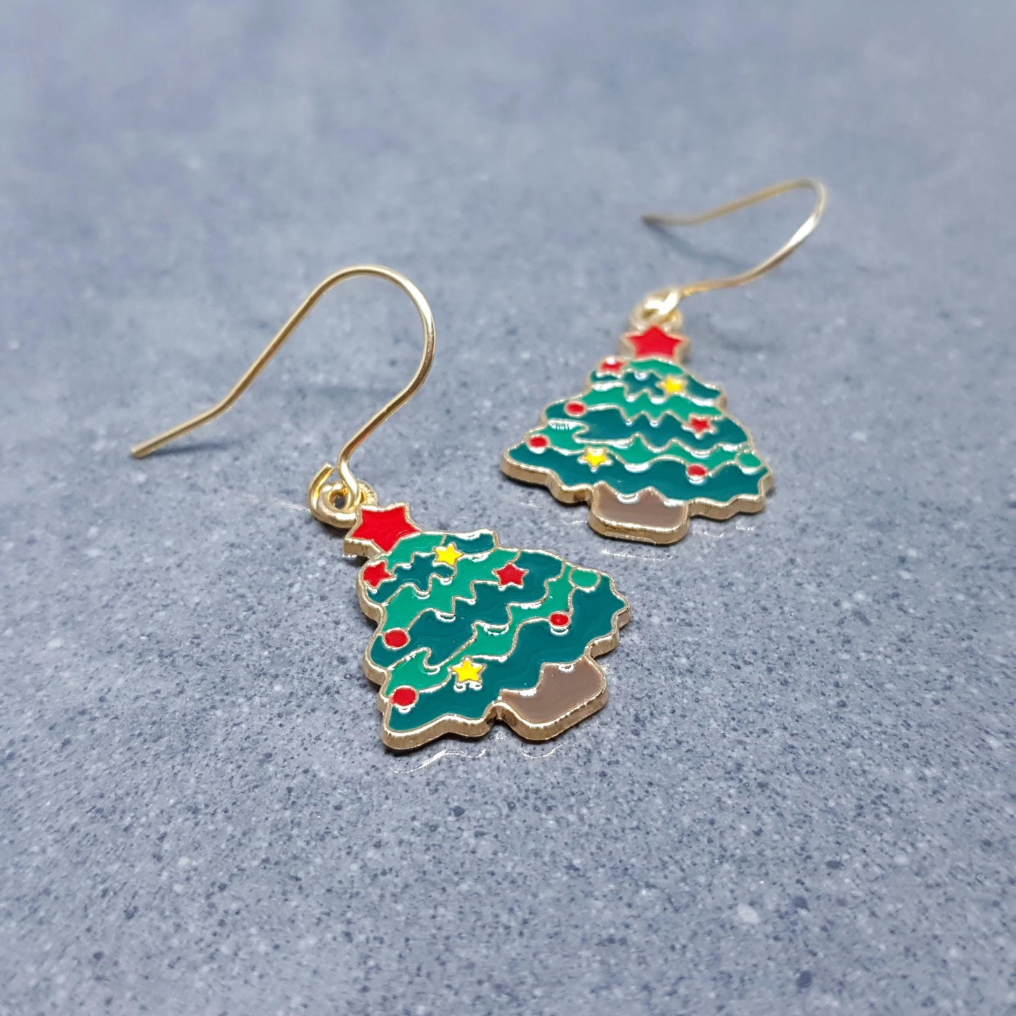 Christmas Tree Earrings, Choice of Ear Wires, Gold Christmas Earrings, Festive Earrings, Green, Red, Yellow Enamelling, Christmas Tree