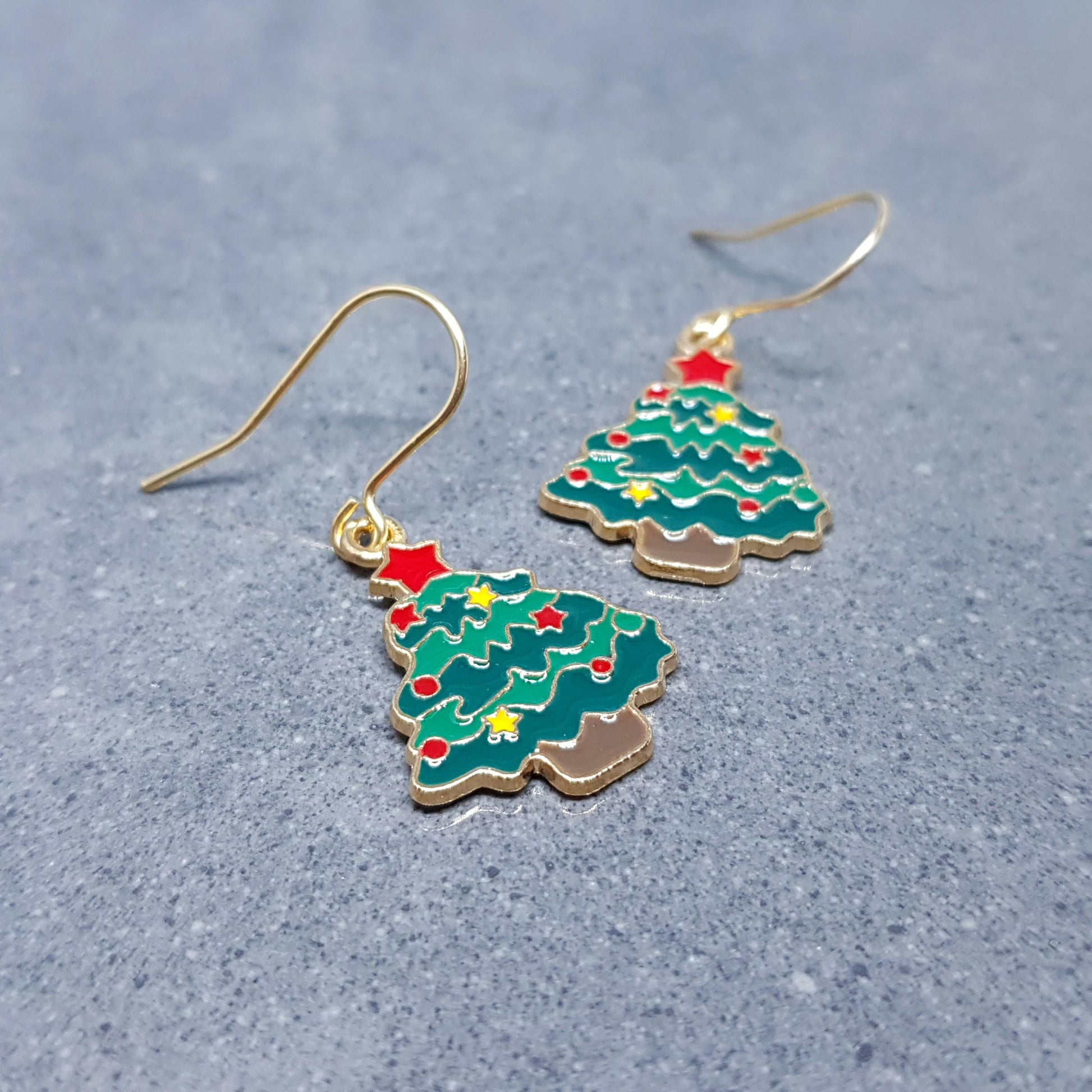 Christmas Tree Earrings, Choice of Ear Wires, Gold Christmas Earrings, Festive Earrings, Green, Red, Yellow Enamelling, Christmas Tree